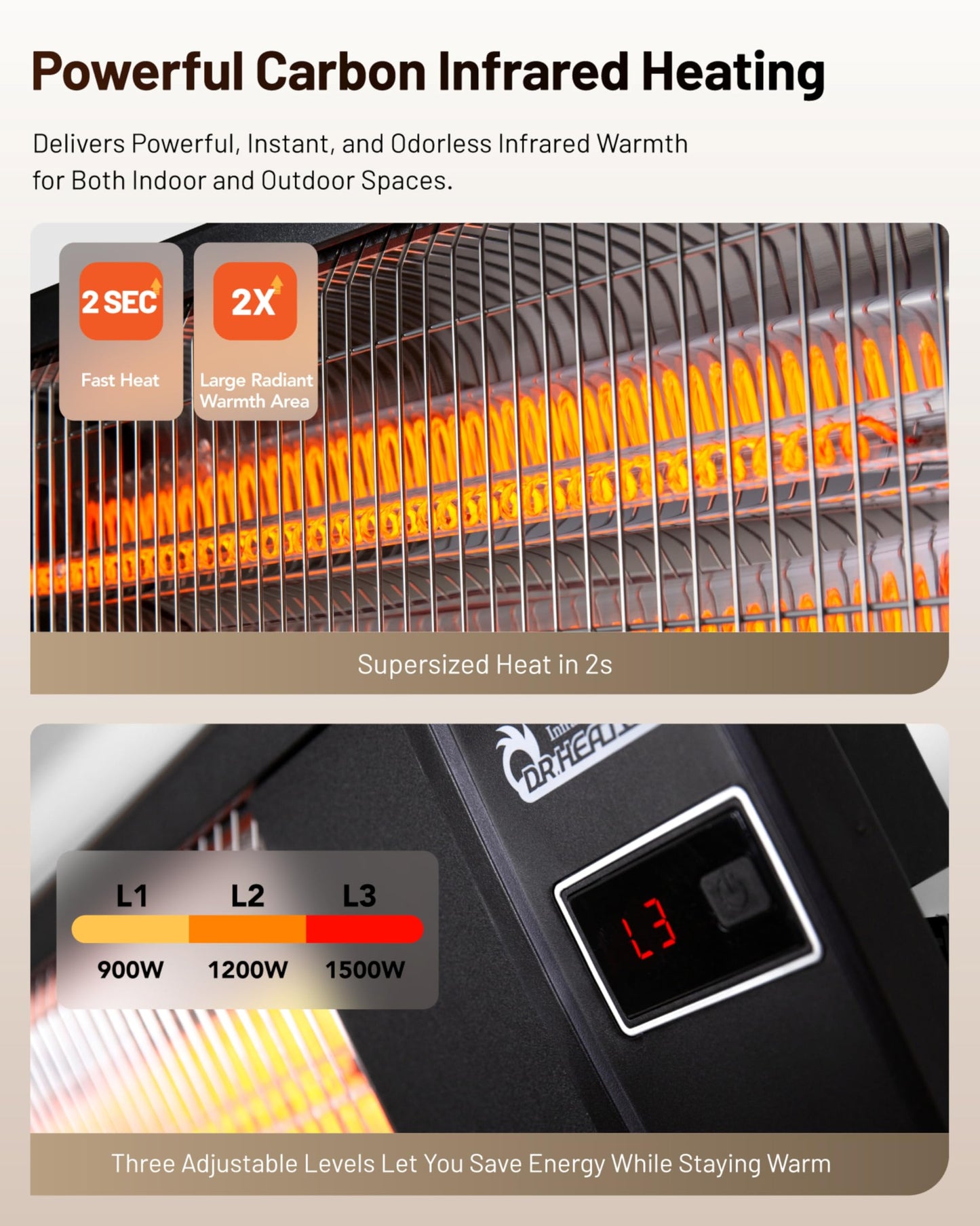 DR. INFRARED HEATER Portable Infrared Indoor and Outdoor Space Heater for Patio, Garage, Commercial & Residential With Remote Control, Without Thermostat, Black