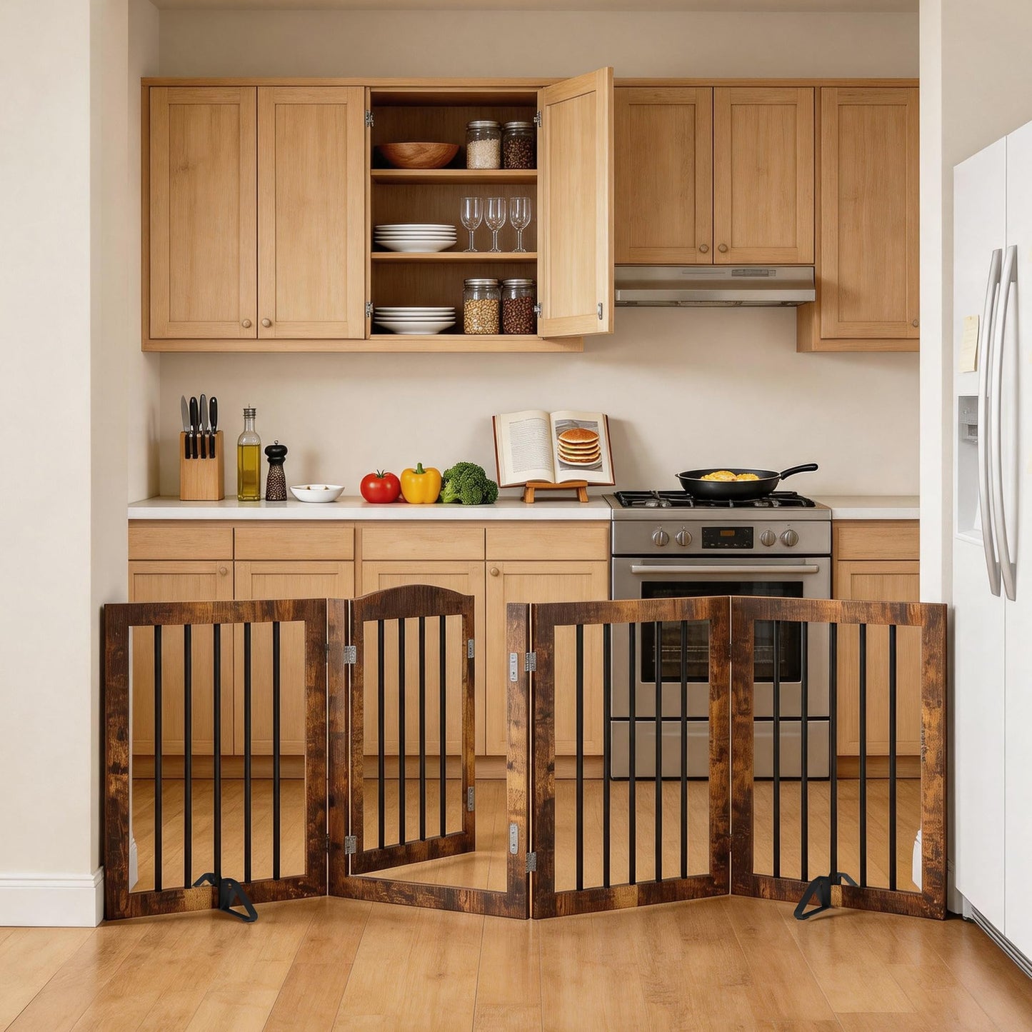 Vantas Folding Pet Gate 80" Wide, 30" Tall No-Assembly Wooden Dog Gate with Door Walk Through, Freestanding Puppy Safety Fence, with 2PCS Support - Rustic Brown