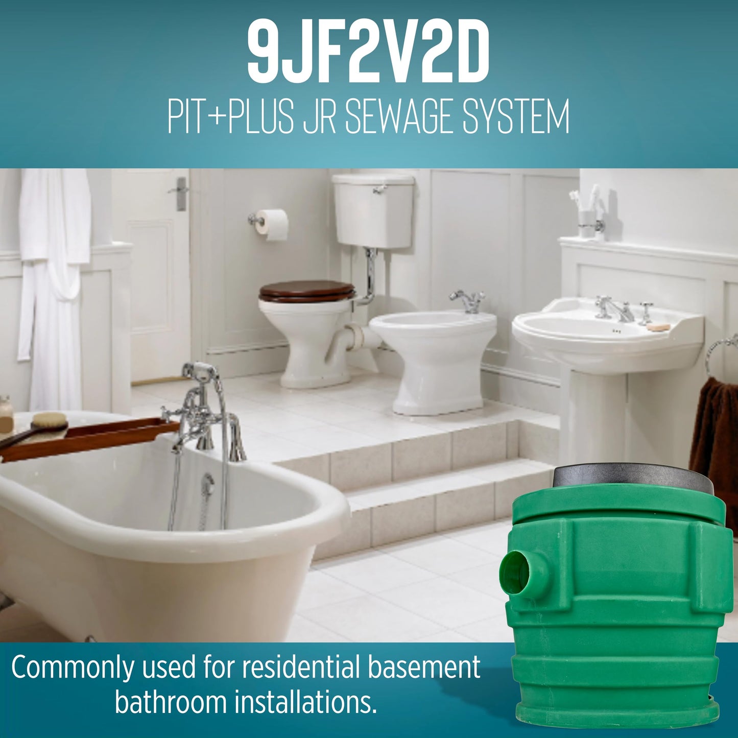 Little Giant 9JP2V2D Pit Plus JR Sewage Basin System with 115-Volt, 4/10 HP, 6000 GPH 9SC-CIM Sewage Pump, ECM Switch with 20-Ft. Cord, 2-inch Vent, 2-inch Discharge, Green/Blue/Black, 509687