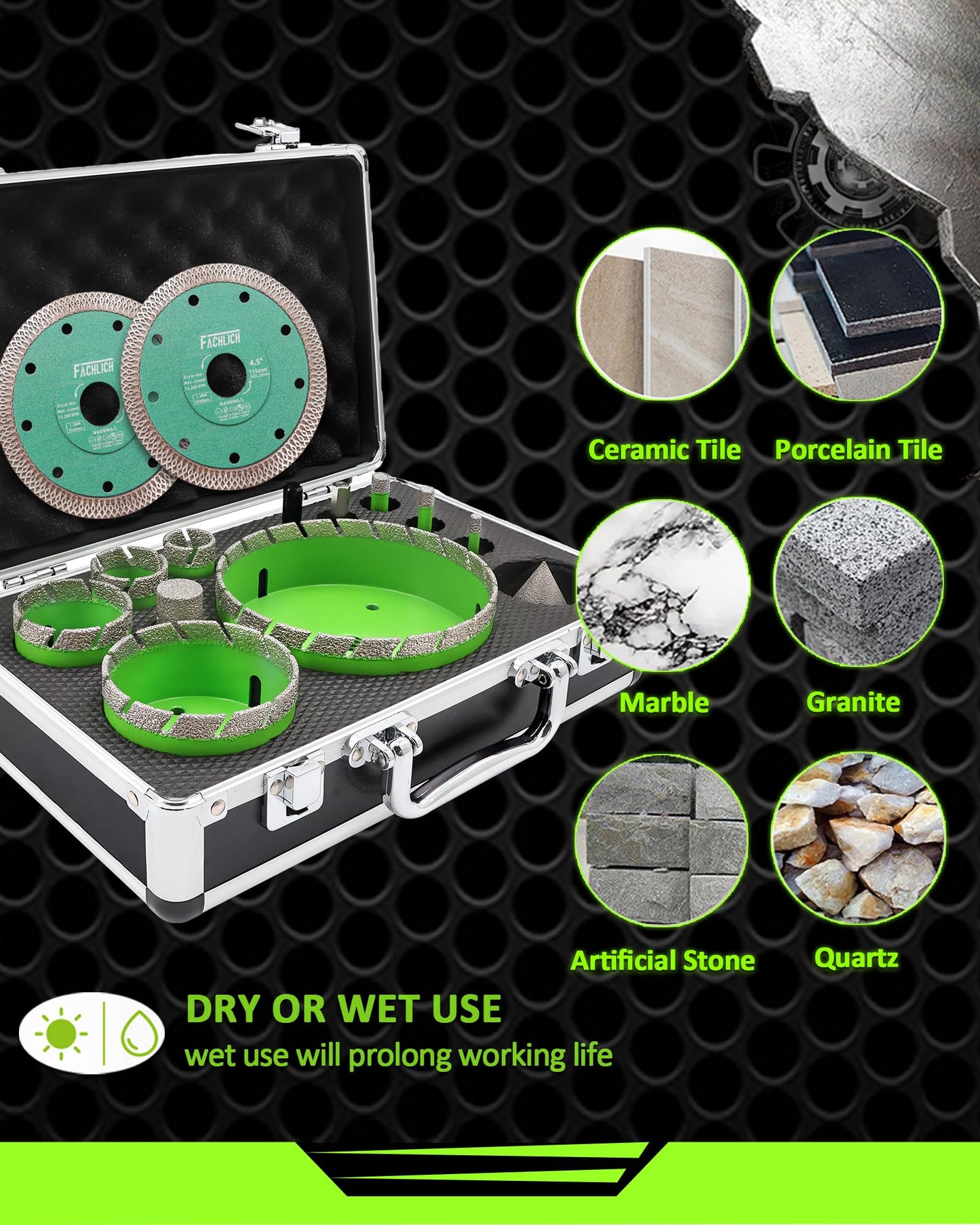 FACHLICH Tile Hole Saw Kit - 14pcs Diamond Hole Saw (6/8/10/25/35/50/75/125mm) with Finger Bit and Chamfer Bit, Tile Drill Bits for Porcelain Ceramic Marble Brick Granite,5/8"-11 Thread