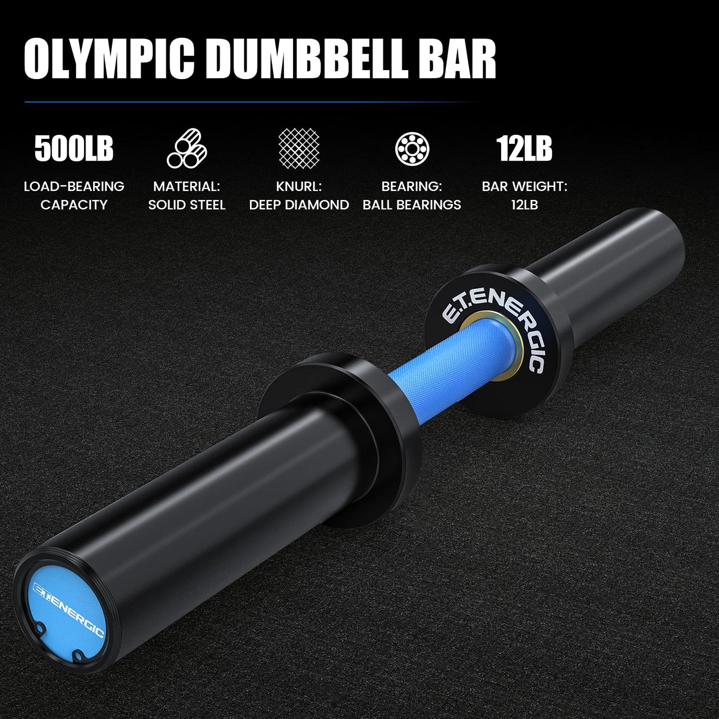 E.T.ENERGIC Olympic Dumbbell Handles Pair – 20" Loadable Dumbbell Bar with Rotating Sleeves, 28mm Knurled Grip, Solid Steel Construction, Compatible with 2-Inch Weight Plates – Adjustable Strength Training Equipment for Home Gym Workouts,Blue&Black
