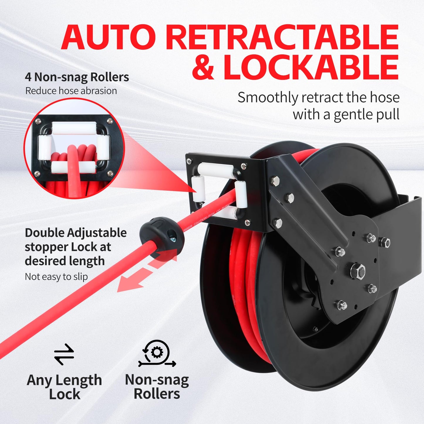 MaxWorks 50 Foot Auto Rewind Retractable Air Hose Reel with 3/8" Rubber Hose 250 PSI Heavy Duty Steel Spring Multi Position Ratchet and Solid Brass Fittings for Garage and Workshop (80720)