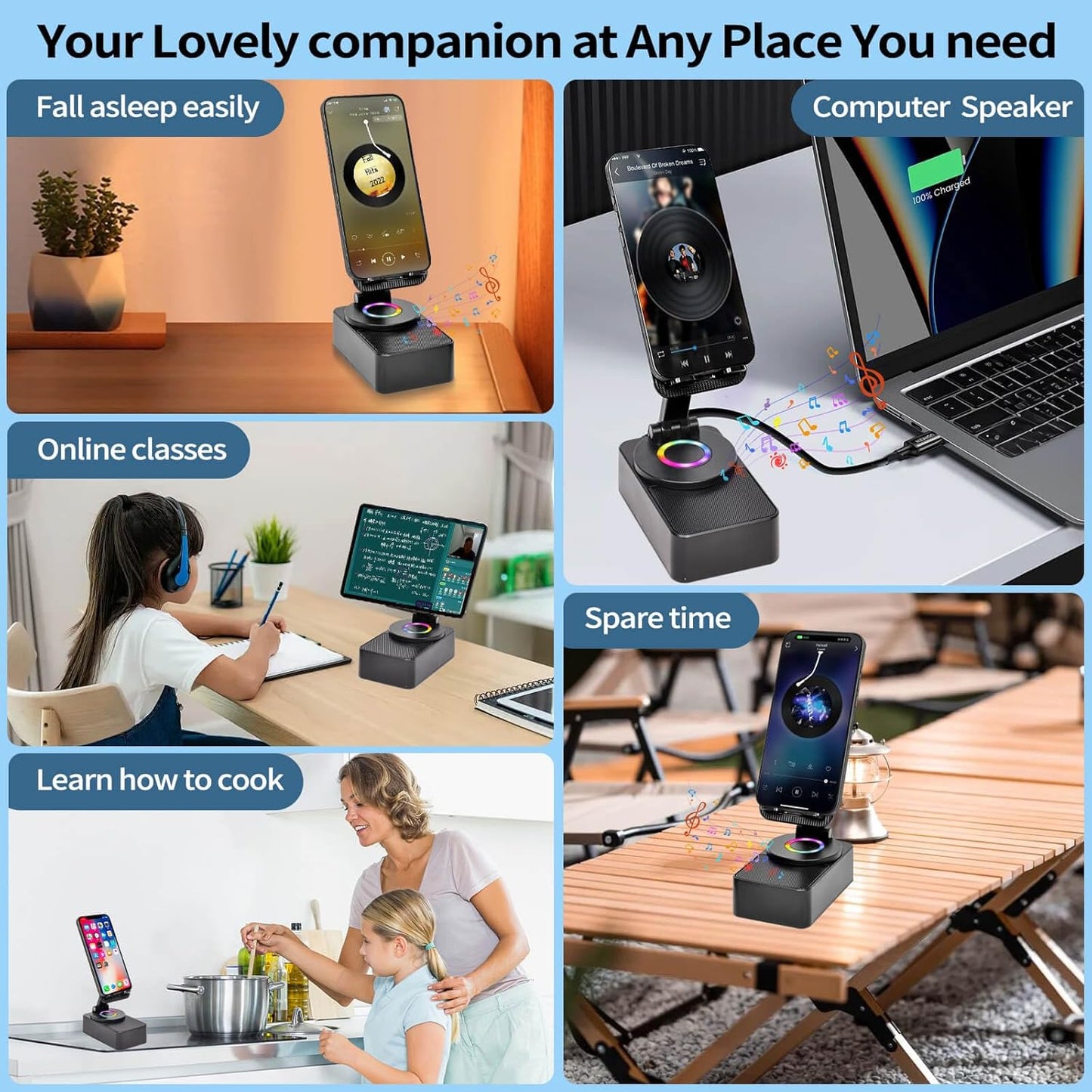 SMADOM Birthday Gift for Women Mom Men Dad Cell Phone Stand with Wireless Bluetooth Speaker and Portable Charger Led