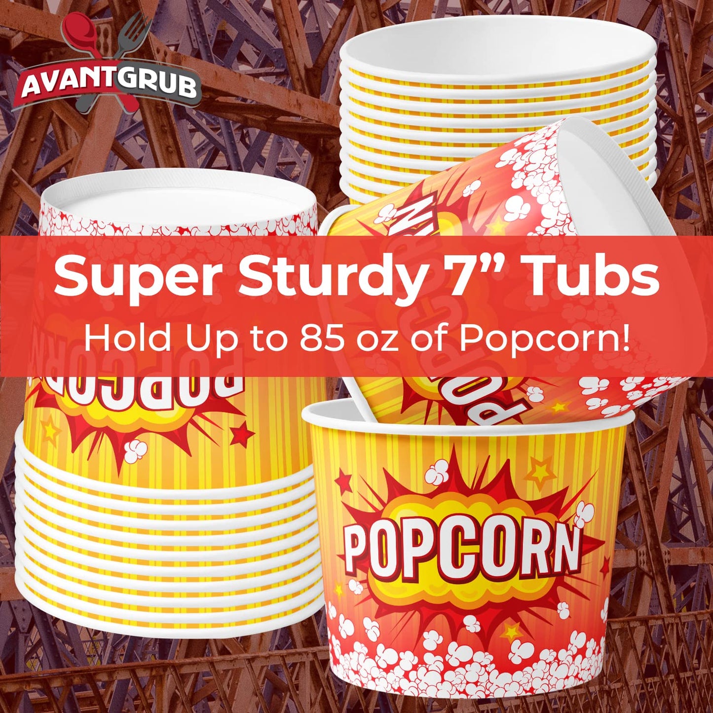 Greaseproof, Retro 85oz Popcorn Buckets 150 Pack. Durable Pop Corn Tubs in Red Yellow. Large Disposable Containers Perfect For Movie Night, Theme Party, Theater, Carnivals & Fundraisers