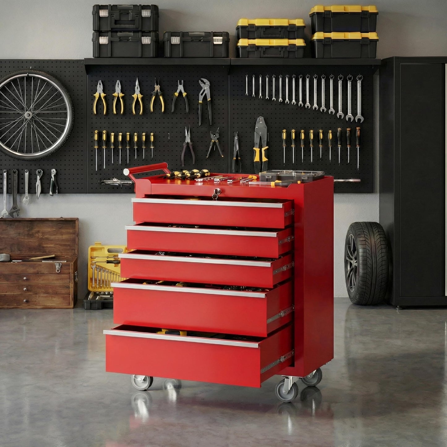SierraSquad Rolling Tool Chest, 5-Drawer Tool Storage Cabinet, Tool Box with Wheels, Lock System and Drawer Liners, Tool Cart for Warehouse, Workshop and Repair Shop, Red