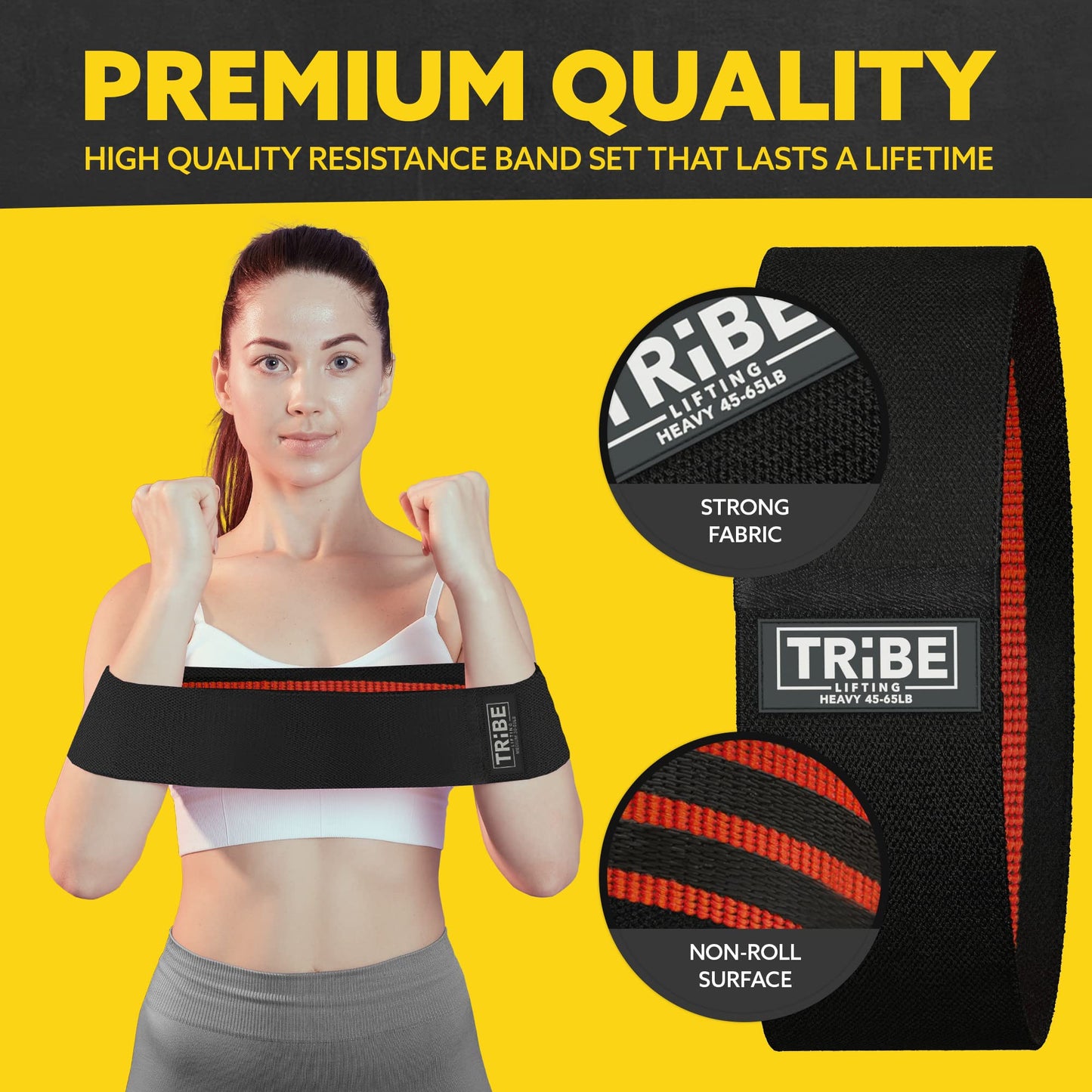 Tribe Lifting Resistance Bands for Working Out - 3 Pack Fabric Workout Bands for Women and Men - Booty Bands for Legs and Glute - Non Slip Exercise Bands Set for Squat Hip Thigh (Black)