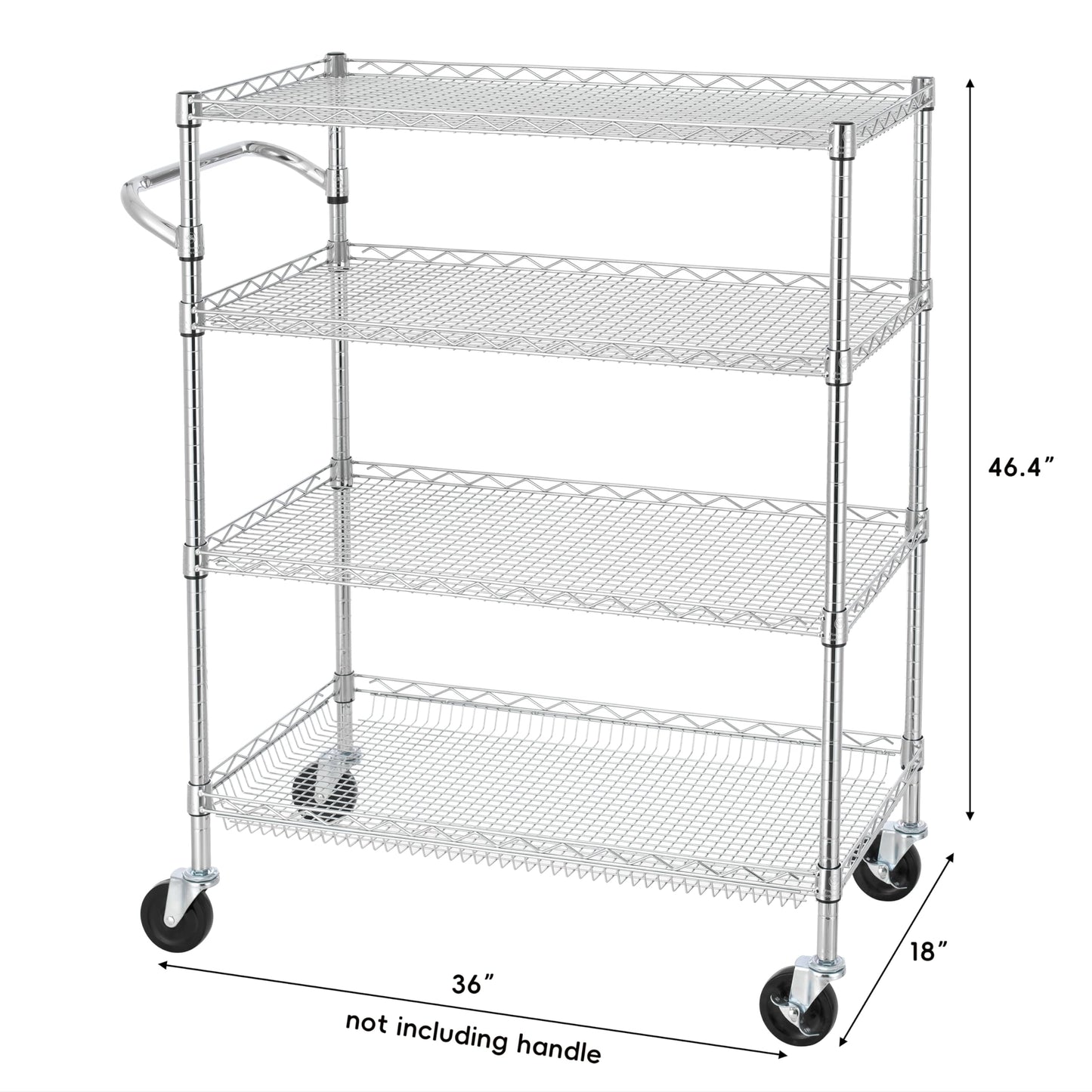 Finnhomy 4 Tier Heavy Duty Commercial Grade Rolling Cart with Handle Bar, Metal Wire Utility Cart with Wheels, Kitchen Service Trolley on Wheels, Shelf Size 18" D x 36" W, NSF, Chrome