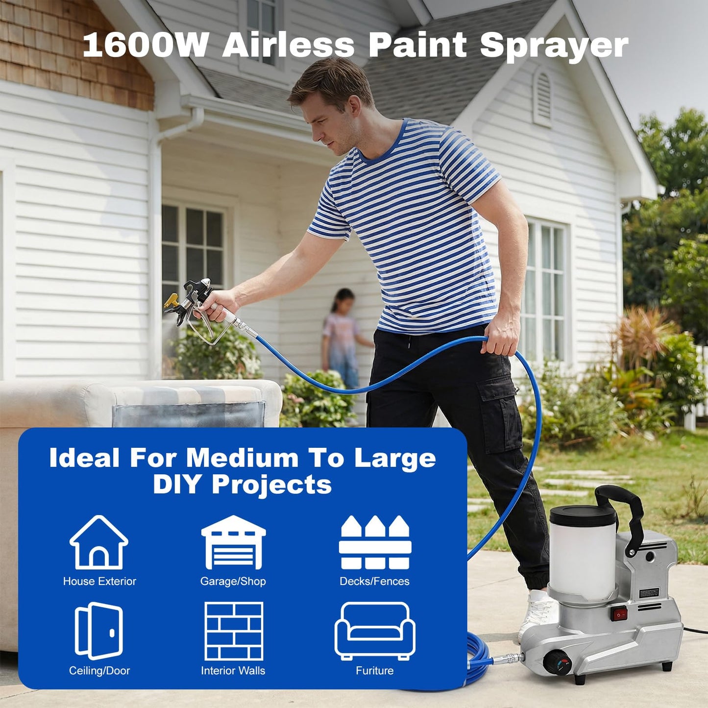 Airless Paint Sprayer,1600W High Pressure Efficiency Airless Stand Sprayer for Home Interior, Exterior, Commercial Use, DIY Handyman-Professional Contractor Grade Spray Paint Machine