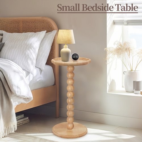 FASNAHOK Drink Table, Boho Rattan Flower Small Side Table for Small Spaces, Solid Wood Modern Nightstand for Living Room, Bedroom, Farmhouse, Corners