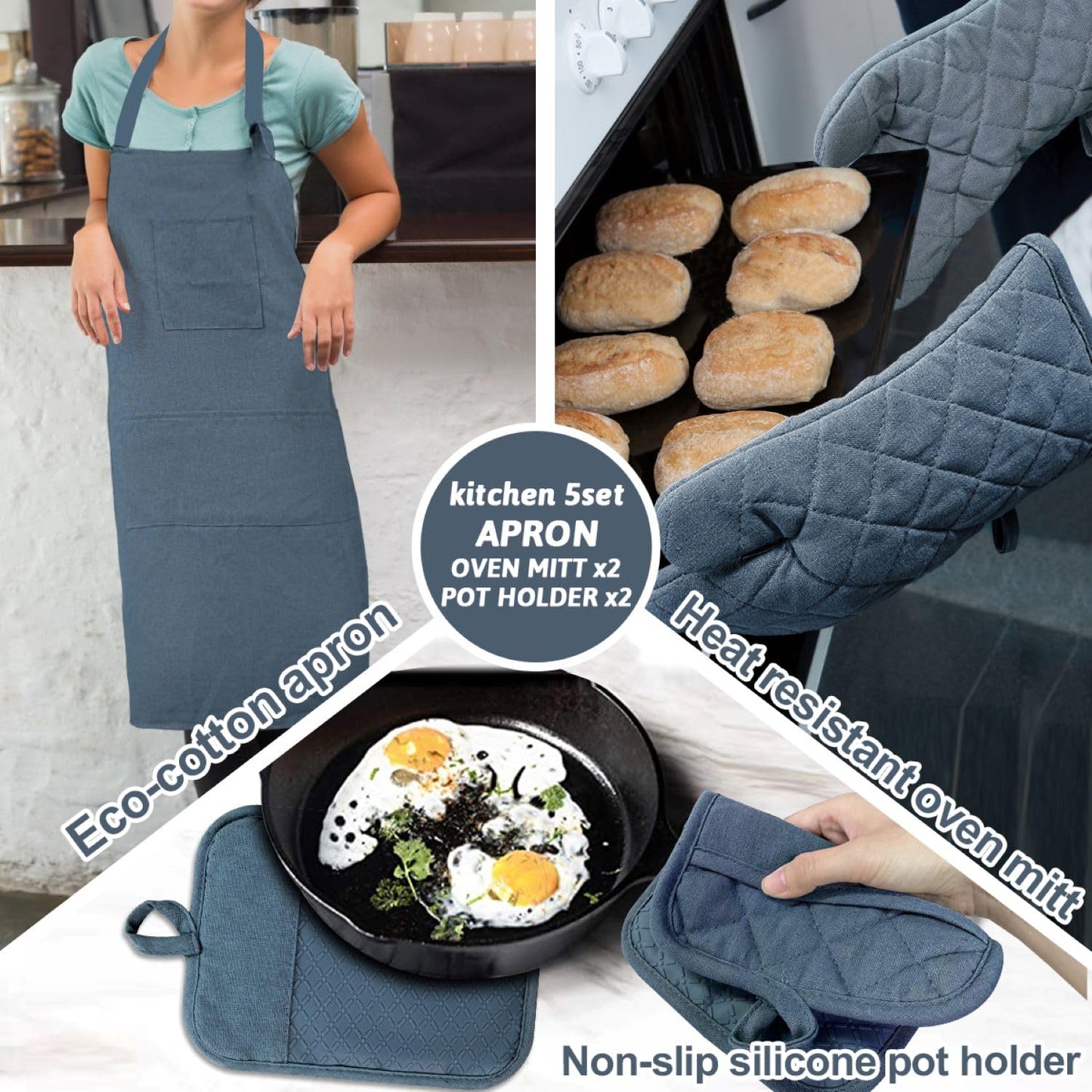 Oven Mitts and Pot Holders with Cooking Apron Set of 5, Heat Resistant Kitchen Gloves and Silicone Non-Slip Potholders, Adjustable Neck Buckle Chef Apron, Cotton Nice Design for Cooking （Navy…