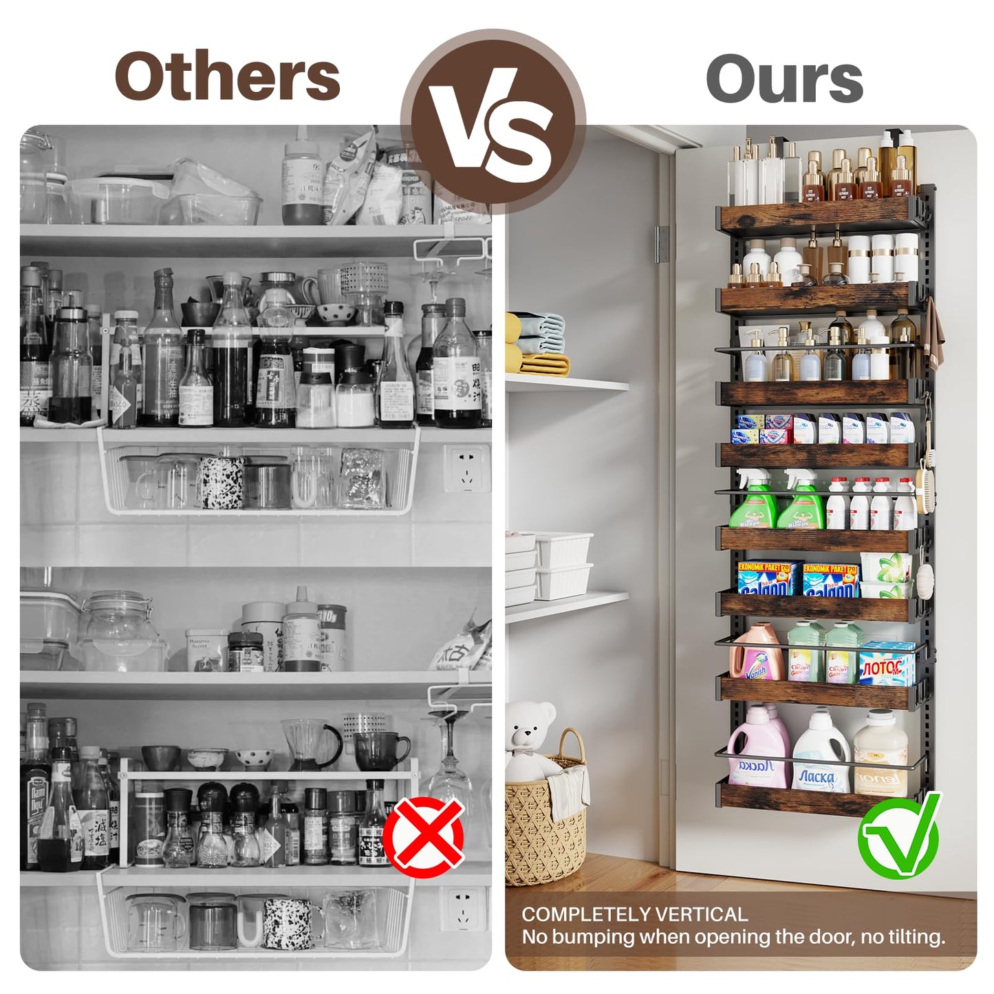 8 Tier Over The Door Pantry Organizer, 2 IN 1 Wall Mount or Metal Hanging Spice Rack for Pantry Organizers and Storage, Seasoning Shelves，Adjustable Basket with Hooks for Kitchen Cabinet and Closet