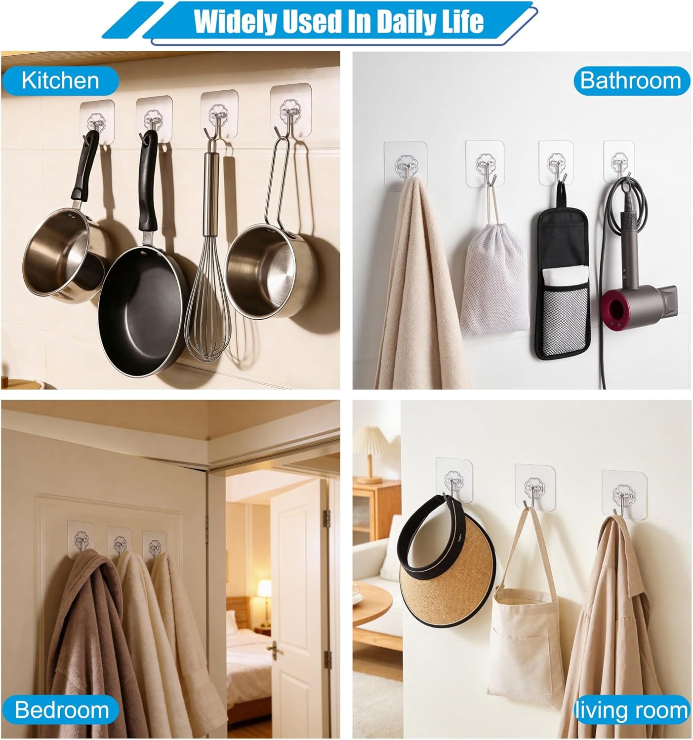 Skiennix Heavy Duty Self-Adhesive Wall Hooks - 33lb Max Capacity | Waterproof & Oilproof, No Drilling, 10 Pack