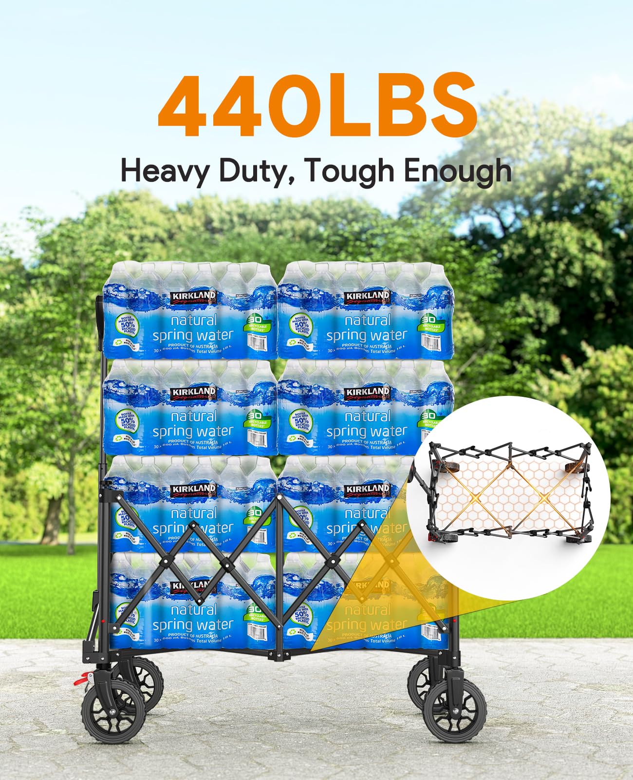 Collapsible Foldable Wagons with Wheels, 440lbs Capacity Wagons Carts Foldable, Utility Wagon Carts with Brakes for Grocery, Camping, Sports