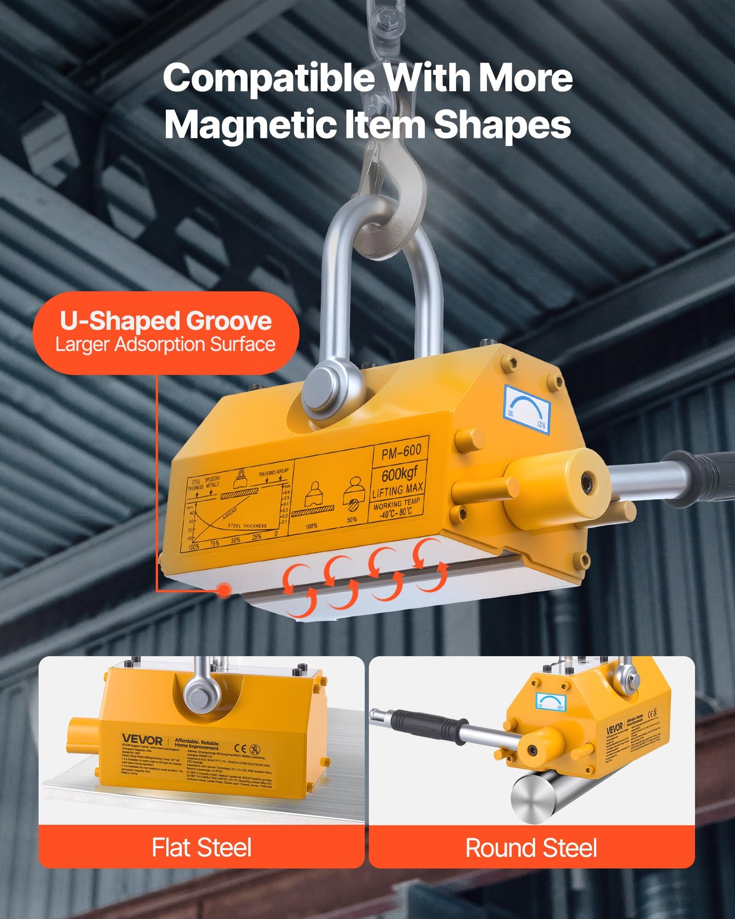 VEVOR Permanent Magnetic Lifter, 1320 lbs Pulling Capacity, Heavy Duty N42 Neodymium Lifting Magnet with Release Handle and Steel Hook, Used in Shop Crane and Hoist, for Lifting Plate Steel, Board