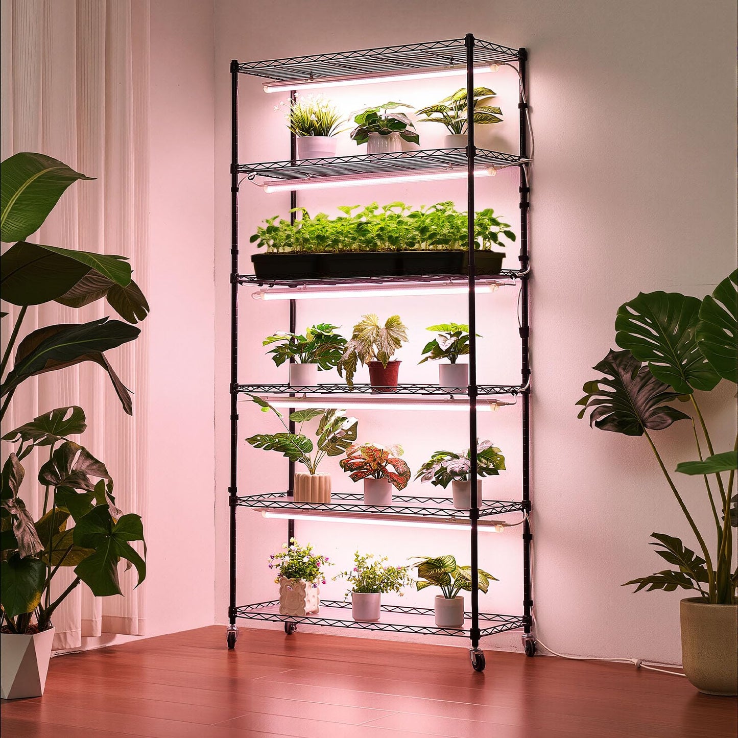 VEVOR Plant Shelf with Grow Light, 6-Tier Indoor Plant Stand, 71in Tall Indoor Plants Display Rack with Wheels & Timer, 150W 3800K Full Spectrum Grow Lights, Metal Flower Pot Holder for Seed Starting