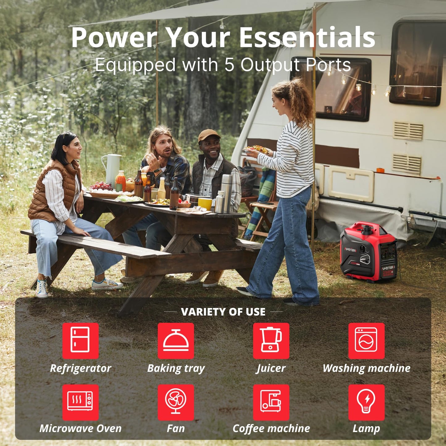 AMERISUN 2500-Watt Inverter Generator, Super Quiet & Lightweight Gas Powered Generator, CO Sensor, RV Ready Parallel Capable, Long Run Time for Camping, Tailgating and Home Use