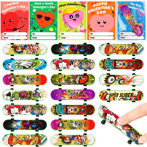 Manekulis Valentines Day 24Pcs Finger Skateboards with Cards for Kids,Valentines Gift for Classroom,Valentines Exchange Gifts Class with Party Favor for School,Birthday Goodie Bag Stuffers