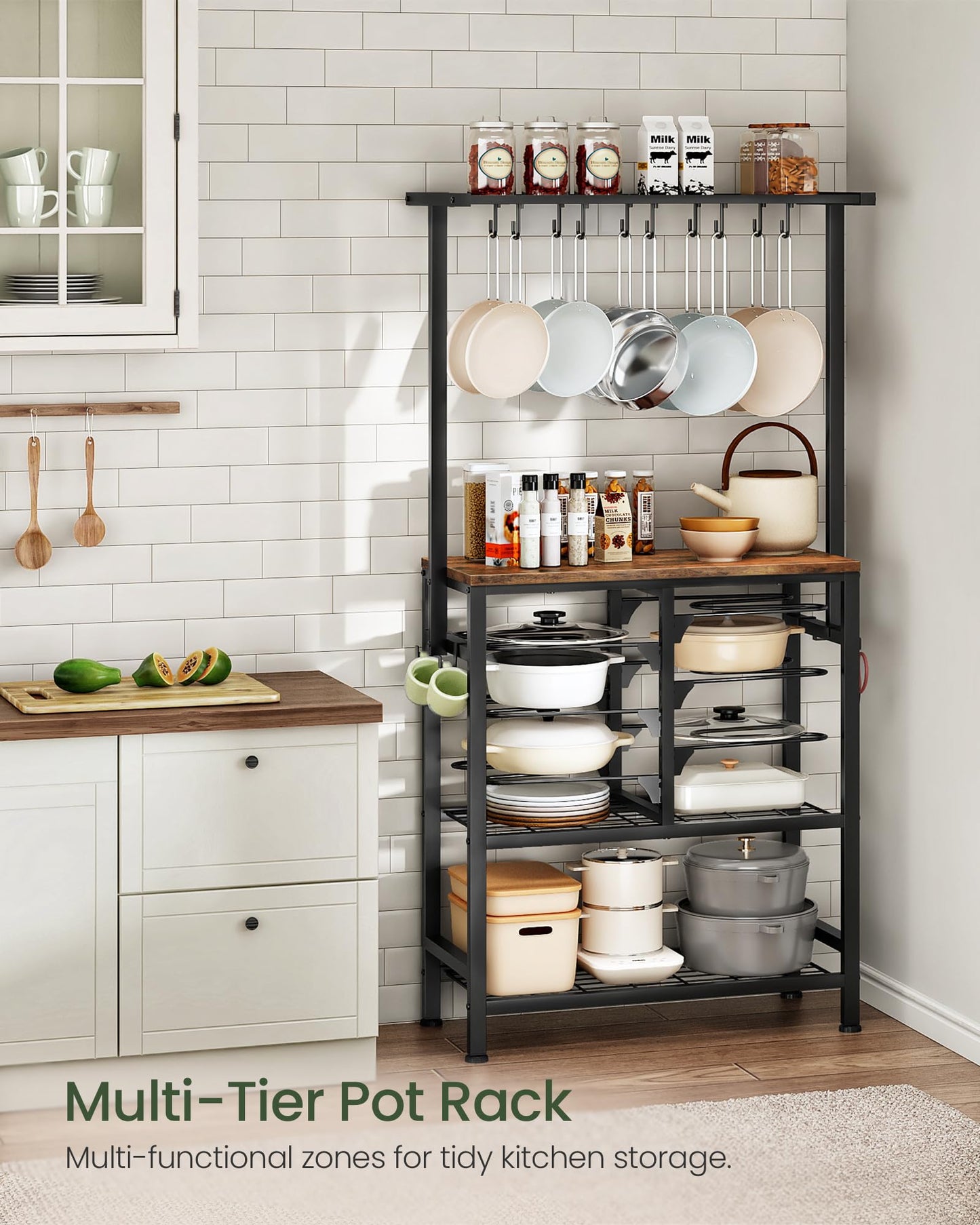 CHOEZON Pots and Pans Organizer Rack, Kitchen Bakers Rack, Multi-Tier Storage Shelf, Kitchen Island Table, Cooking Rack with Pots and Pans Storage, Rustic Brown and Black TPR60BF