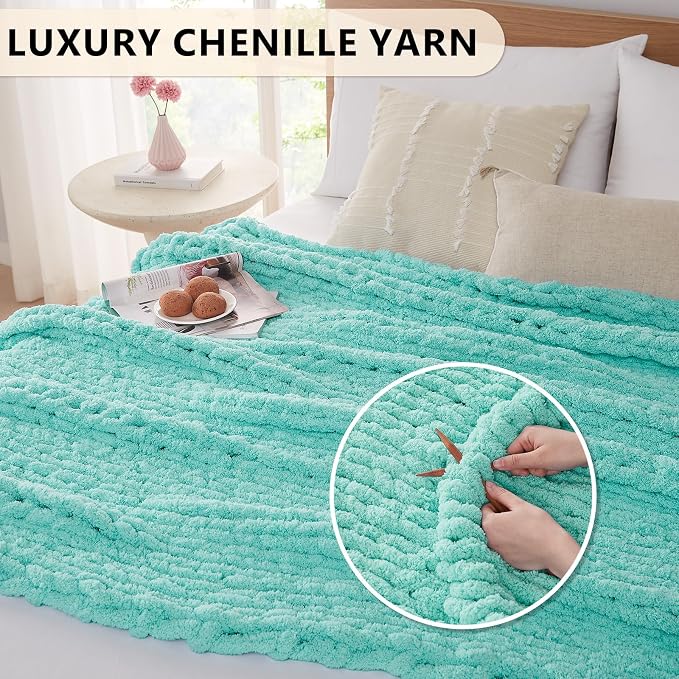 L'AGRATY Chunky Knit Blanket Throw: 60''x80'' Chenille Chunky Knitted Throw Blankets for Bed Couch - Handmade Thick Big Cable Knit Blanket - Large Crochet Rope Blankets for Home Decor(Lake Blue)