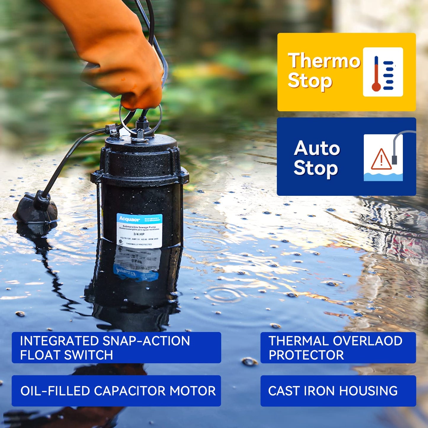 Acquaer Sewage Pump, Cast Iron, Automatic Tethered Float Switch, Sewage Effluent Pump for Sump Basin, Basement, Residential Sewage, 2'' NPT Discharge, Dark
