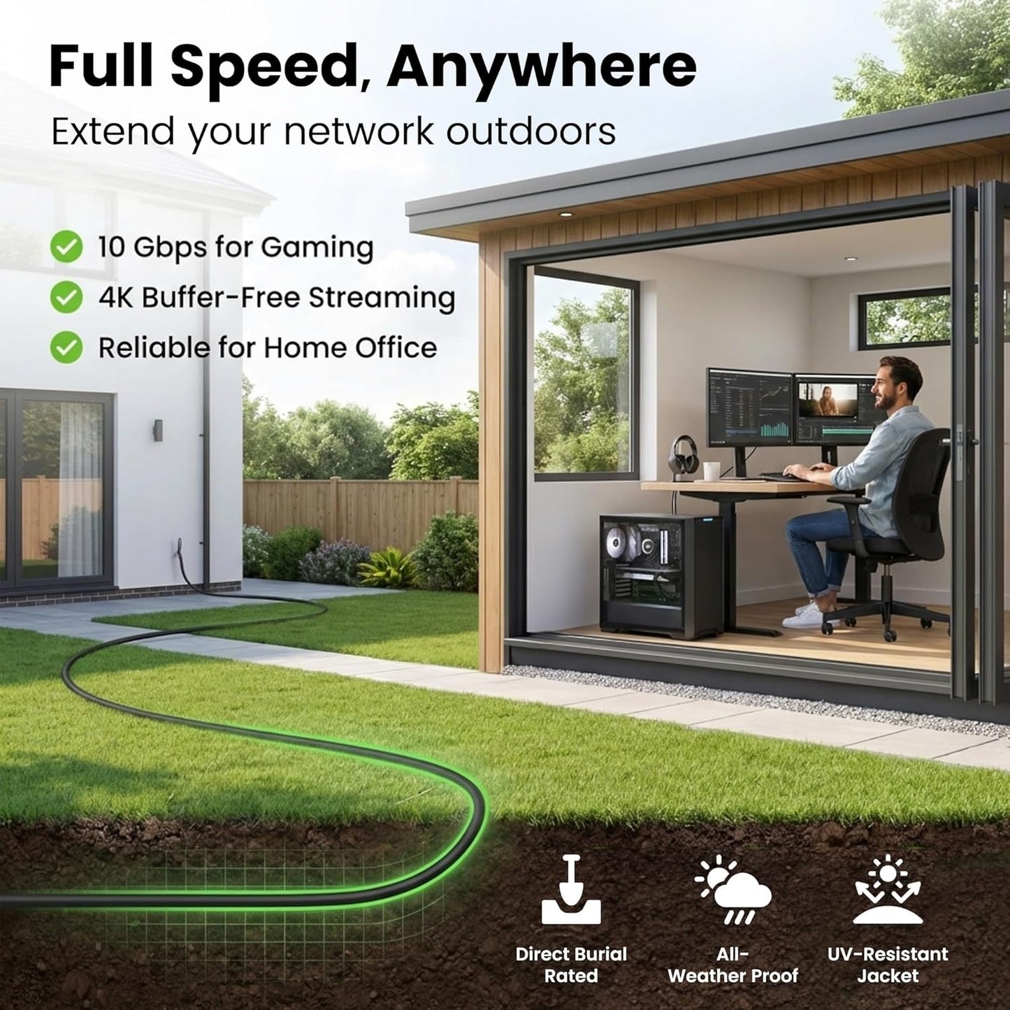 Cat6 100ft, 6 24AWG 10Gbps/550 RJ45 Black,100FT GEARit Ethernet Cable Direct Burial Outdoor Cat Cable High Speed Up