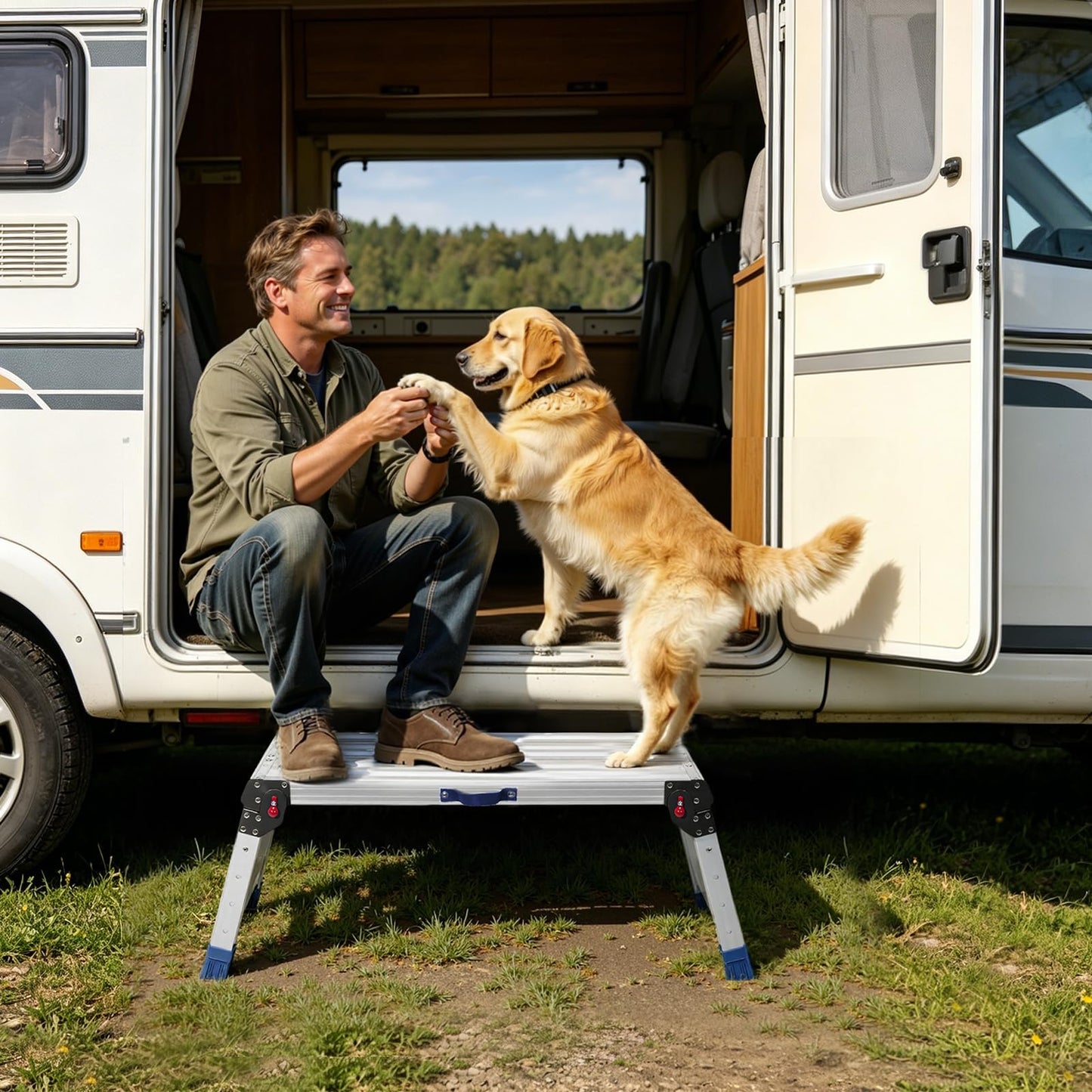 Aluminium Work Platform 660 Lbs, Portable Scaffolding Platform with One-Touch Automatic Fold, 4 Height Adjustment Step Stool, Perfect for RV Cleaning, Home Painting and Reaching High Places, Upgraded