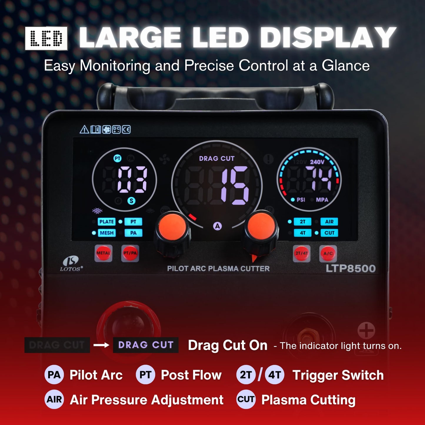 LOTOS Apex LTP8500 | 85A HF Pilot Arc Plasma Cutter, Drag-Cut Enabled, 1" Clean (1.5" Sever), 220V Single-Phase, LED Controls & Front Regulator, Portable Air Plasma Cutter for Fab, Auto, HVAC