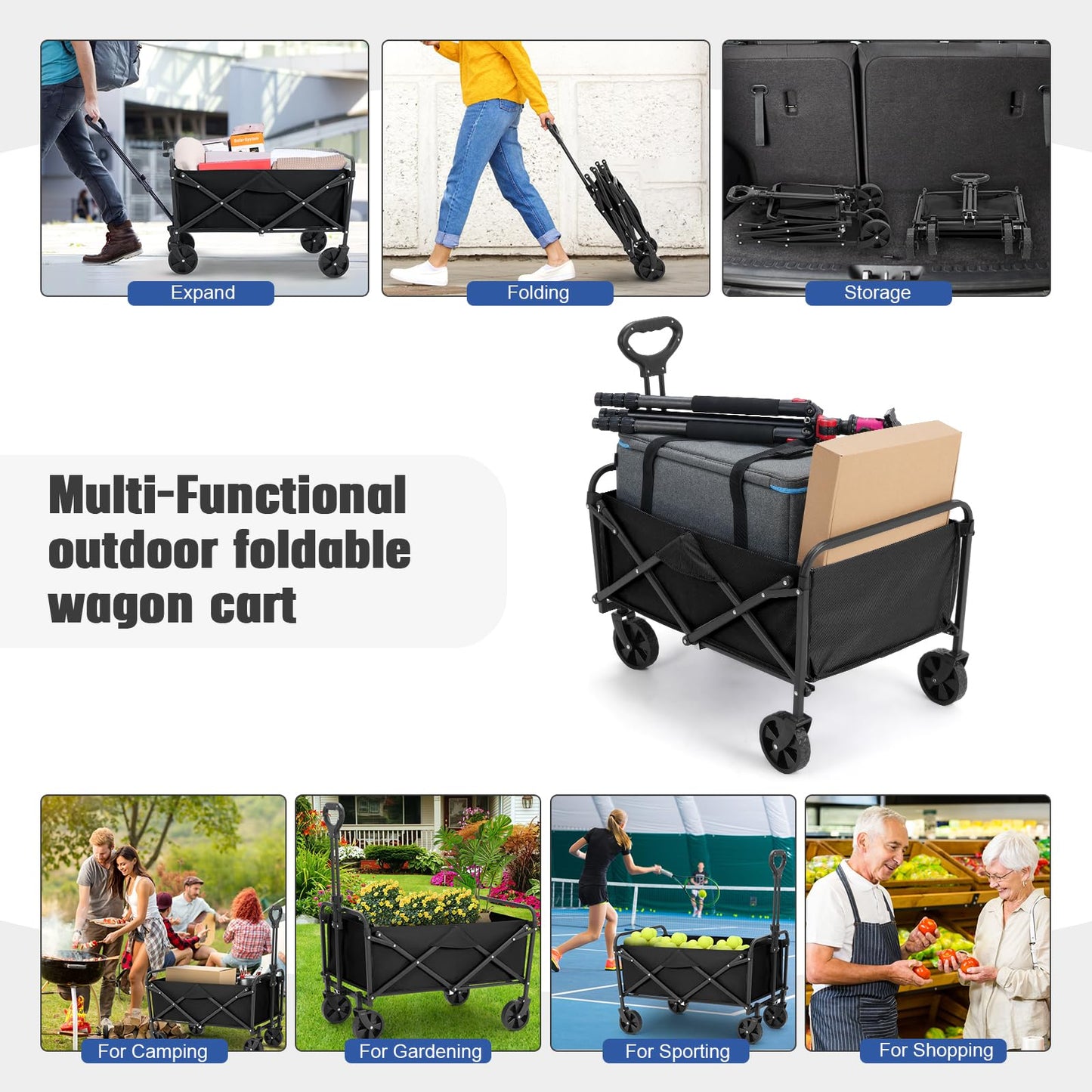 EVLIQUIL Collapsible Foldable Wagon,Wagons Carts Foldable with Wheels,Utility Grocery Folding Beach Wagon for Sand Garden Sports Shopping Outdoor.