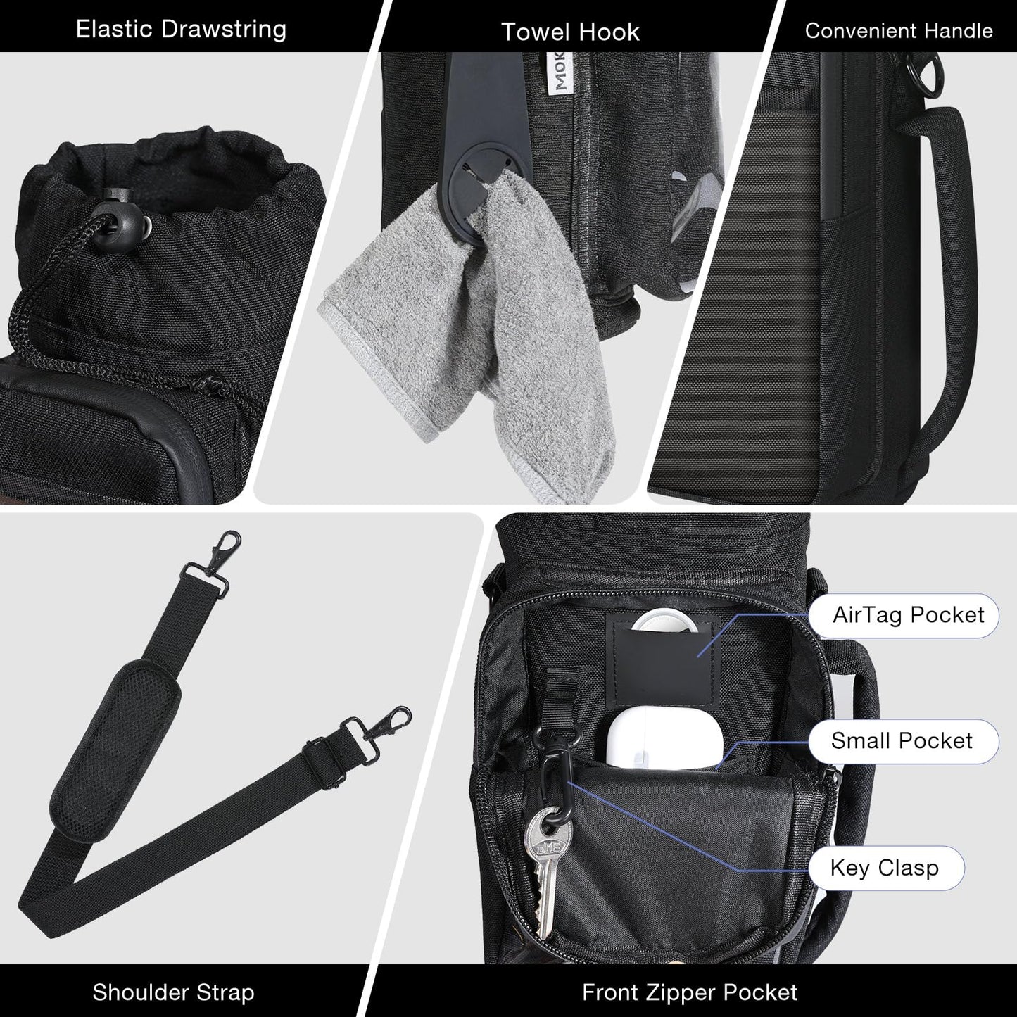 MoKo Magnetic Gym Bag, Magnetic Water Bottle Holder with Clear Phone Pouch, Built-in 4 Magnets Fitness Bag for Men and Women Compatible with Most Water Bottles, Gym Accessories Gifts, Black