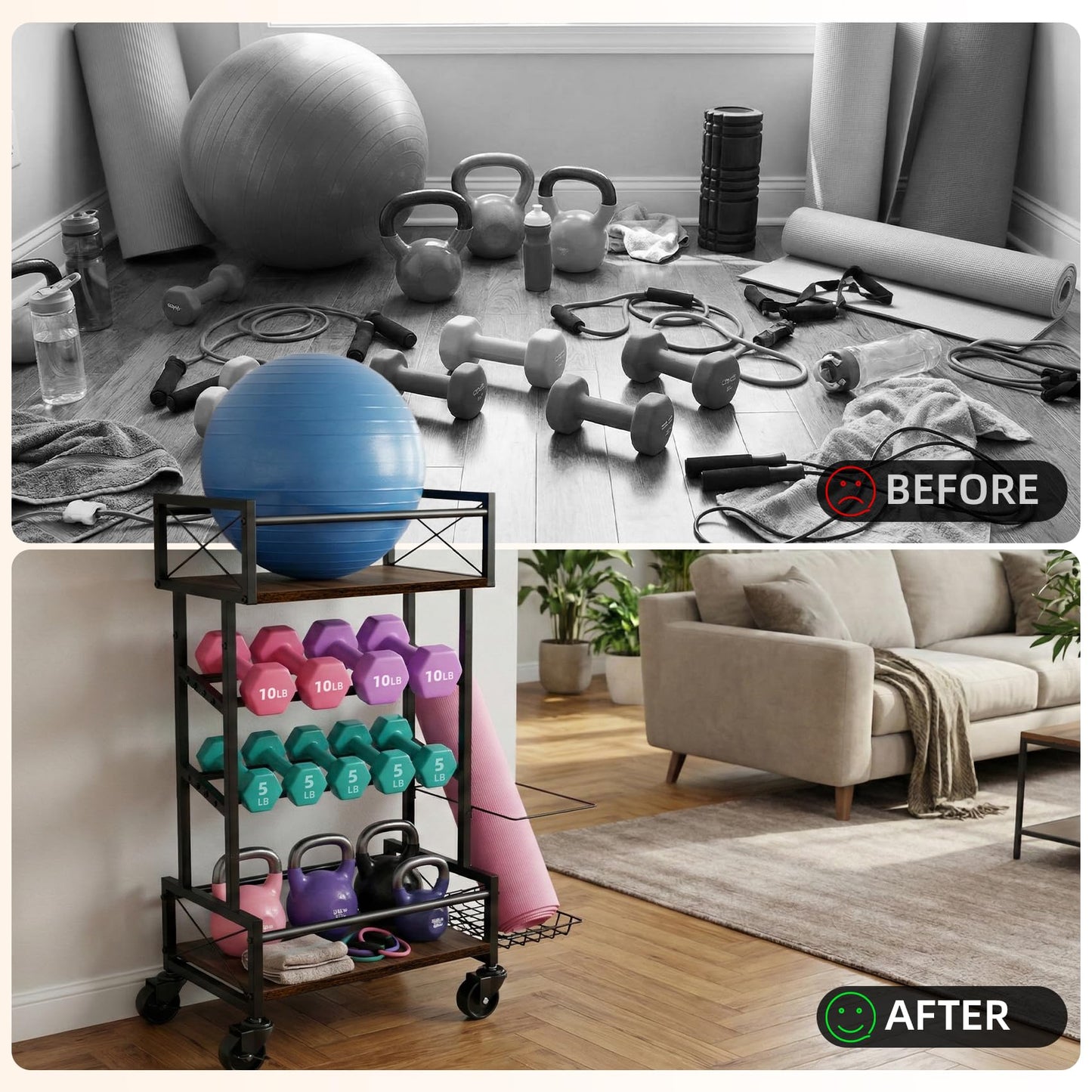 4 Tier Home Gym Storage Rack with Wheels, Yoga Mat Rack Small Dumbbell Weight Rack, Multi-Functional Wood Metal Gym Equipment Storage Rack Workout Cart for Women Kettlebell Fitness Organizer