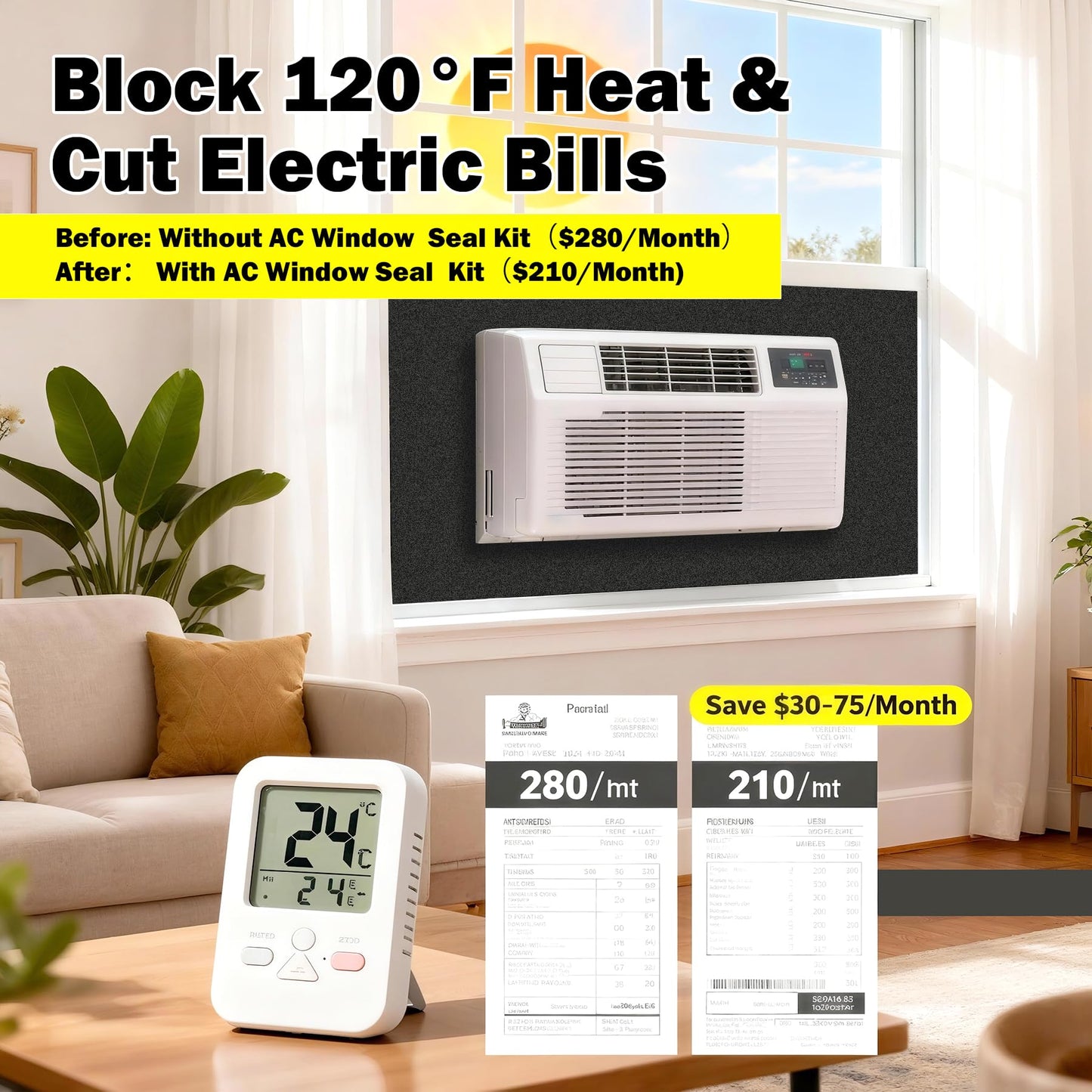 Window Air Conditioner Insulated Foam Side Panels,Weatherproof Window Ac Foam Insulation Kit Block Hot/Cold Air, Reduce Noise & Energy Costs, Universal Fit Most 5000-15000 BTU Air Conditioners Unit