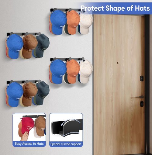 KIMBORA Hat Rack - Wall-Mounted Organizer for 36 Baseball Caps | 4 Packs with 3 Mounting Options (Black)