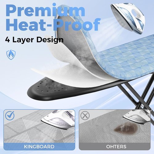 KINGBOARD Compact Ironing Board - Adjustable Height, Heat Resistant Cover, Foldable Design | 13x43 Blue