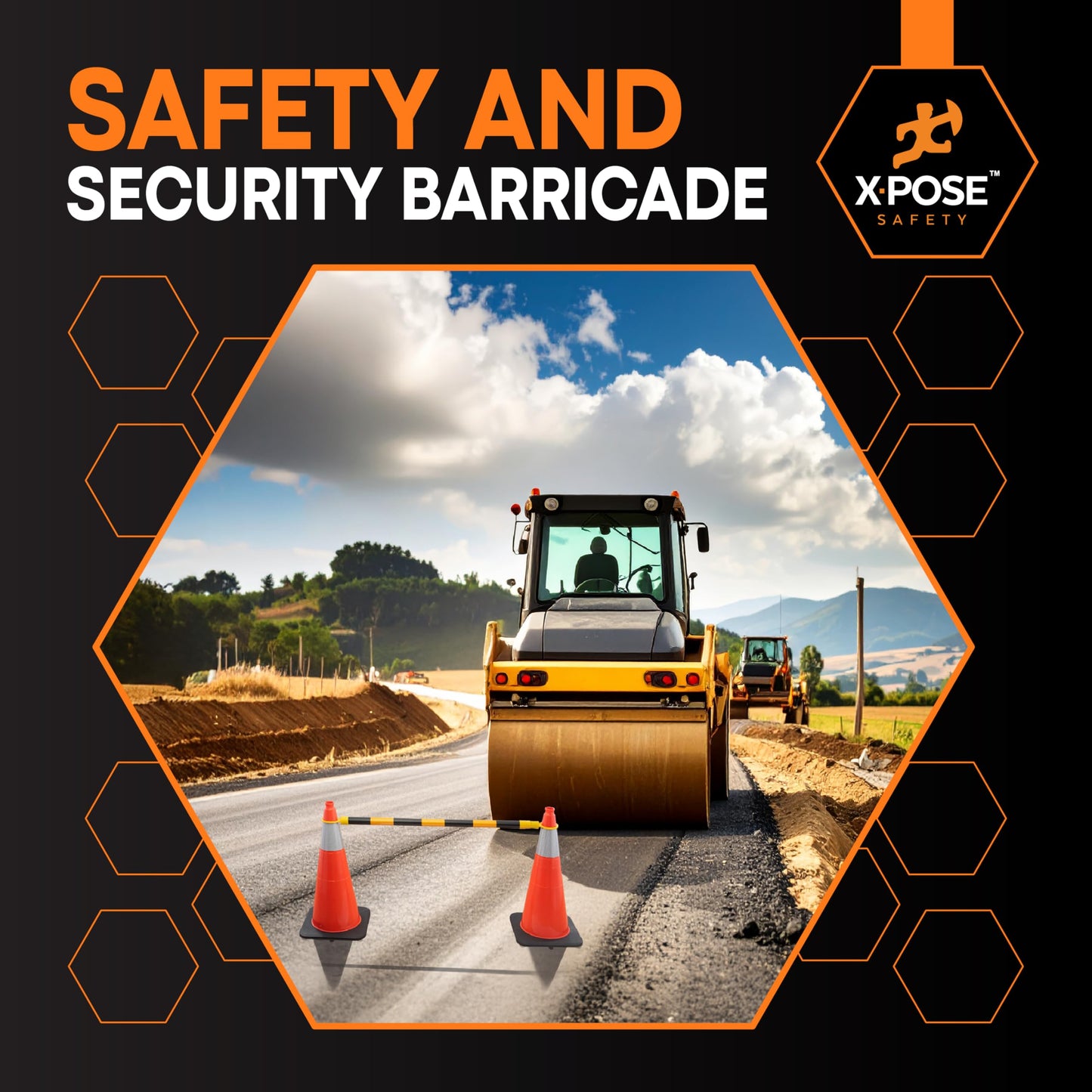 Xpose Safety Reflective Retractable Barrier for Traffic Cones – 6 Pack, Yellow/Black, Expandable 72″–120″ for Construction, Parking & Crowd Control