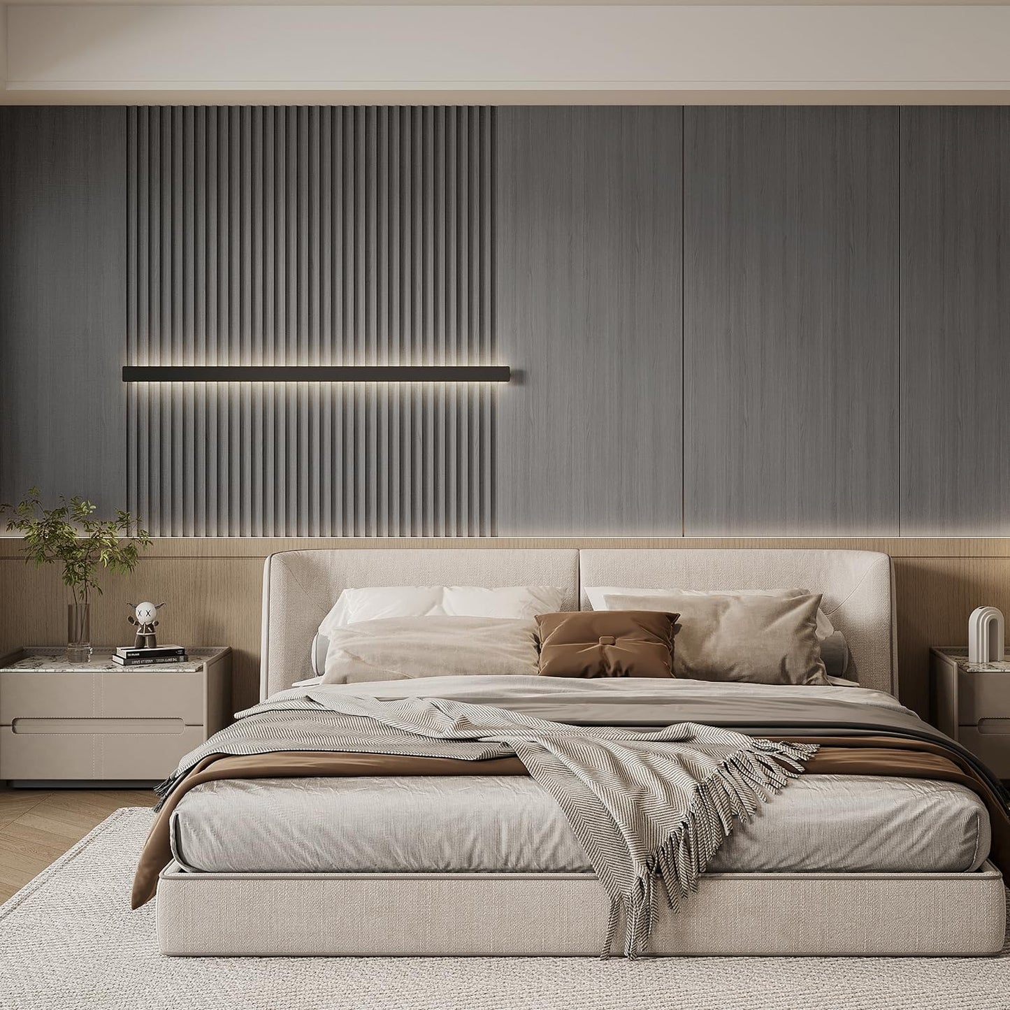 YU LI 3DH WPC Slat Wall Panels 12-Pack 48x 6in & 4 Trim Accent Grey Wood Grain 3D Wall Panels Interior Wall Modern Décor