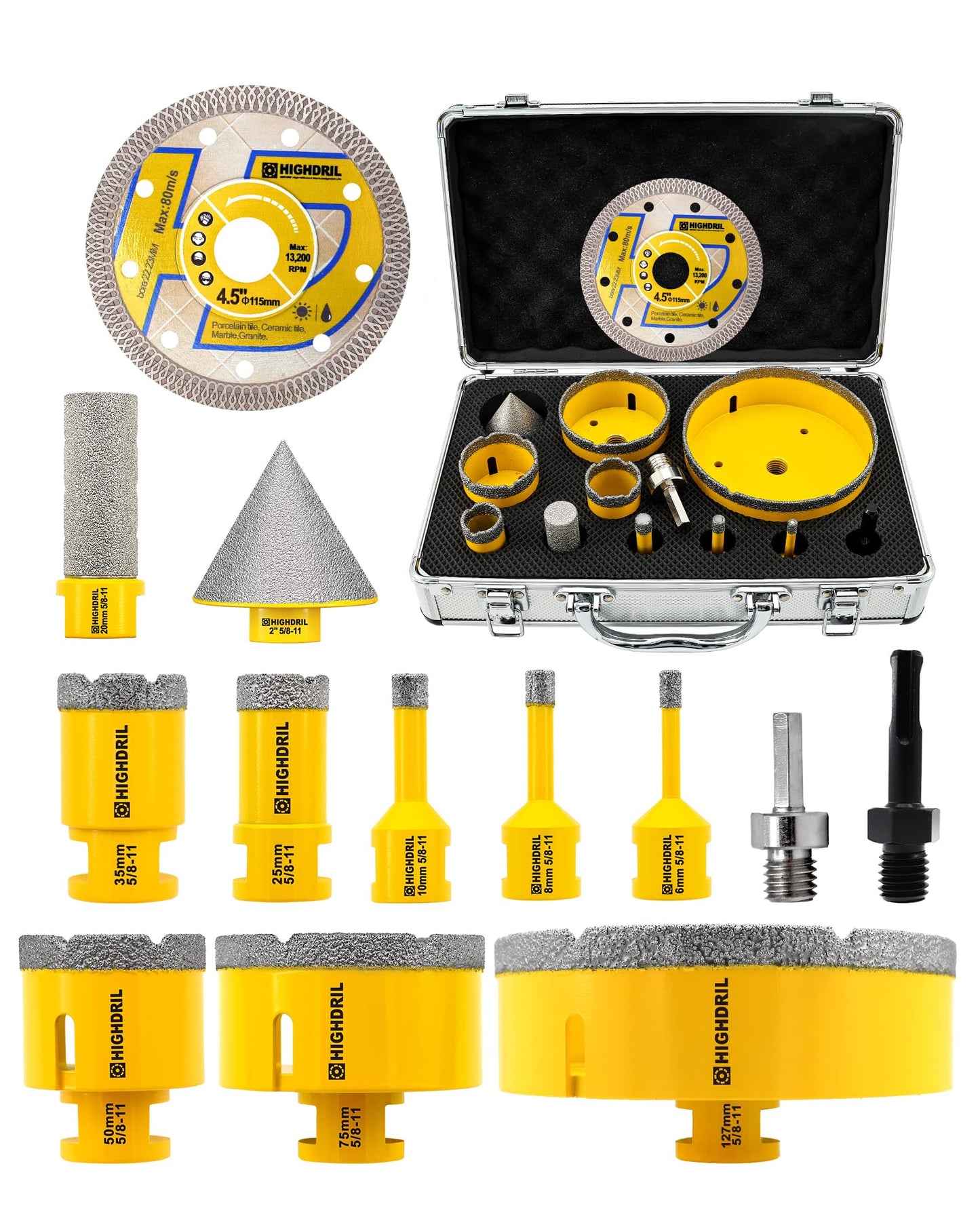 HIGHDRIL 13Pcs Diamond Hole Saw Kit - 1/4", 5/16", 3/8", 1", 1-3/8", 2", 3", 5" Drill Bits with 2" Chamfer Bit, 4/5" Finger Bit, Adapters for Tile Porcelain Ceramic Granite Marble Stone