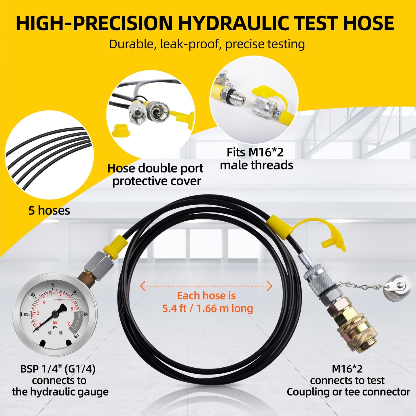 GRYVOZE Hydraulic Pressure Test Kit with 5 Gauges(Max 10000 PSI), 13 Test Couplings 14 Tee Connectors 5 Test Hoses, Hydraulic Gauge Tester Set for Excavator, Construction, Machinery, and Mine