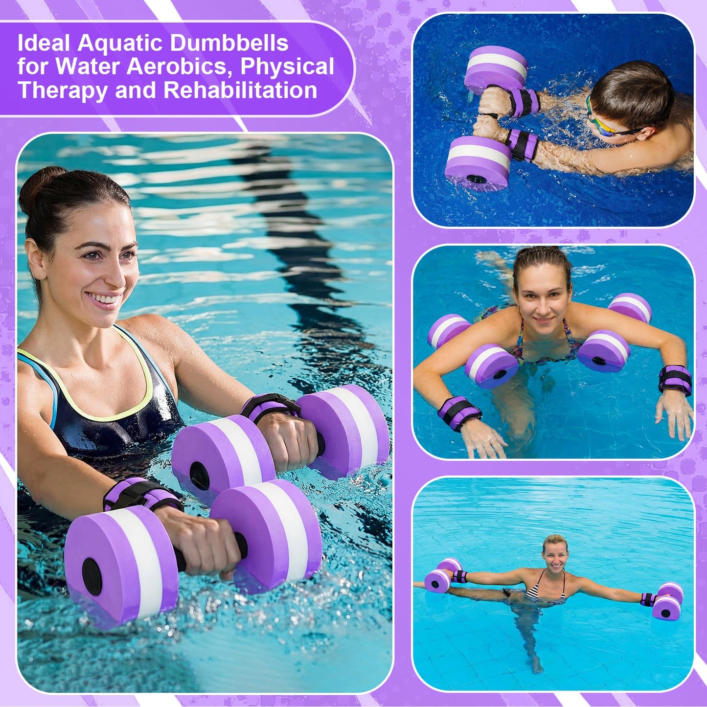 Hollowfly 6 Pcs Water Aerobics Equipment Set Full Body Pool Exercise Kit, 2 Aqua Dumbbells, 2 Adjustable 1lb Ankle/Wrist Weights, 2 Webbed Swim Gloves, Low Impact Aquatic Workout Gear(Purple)