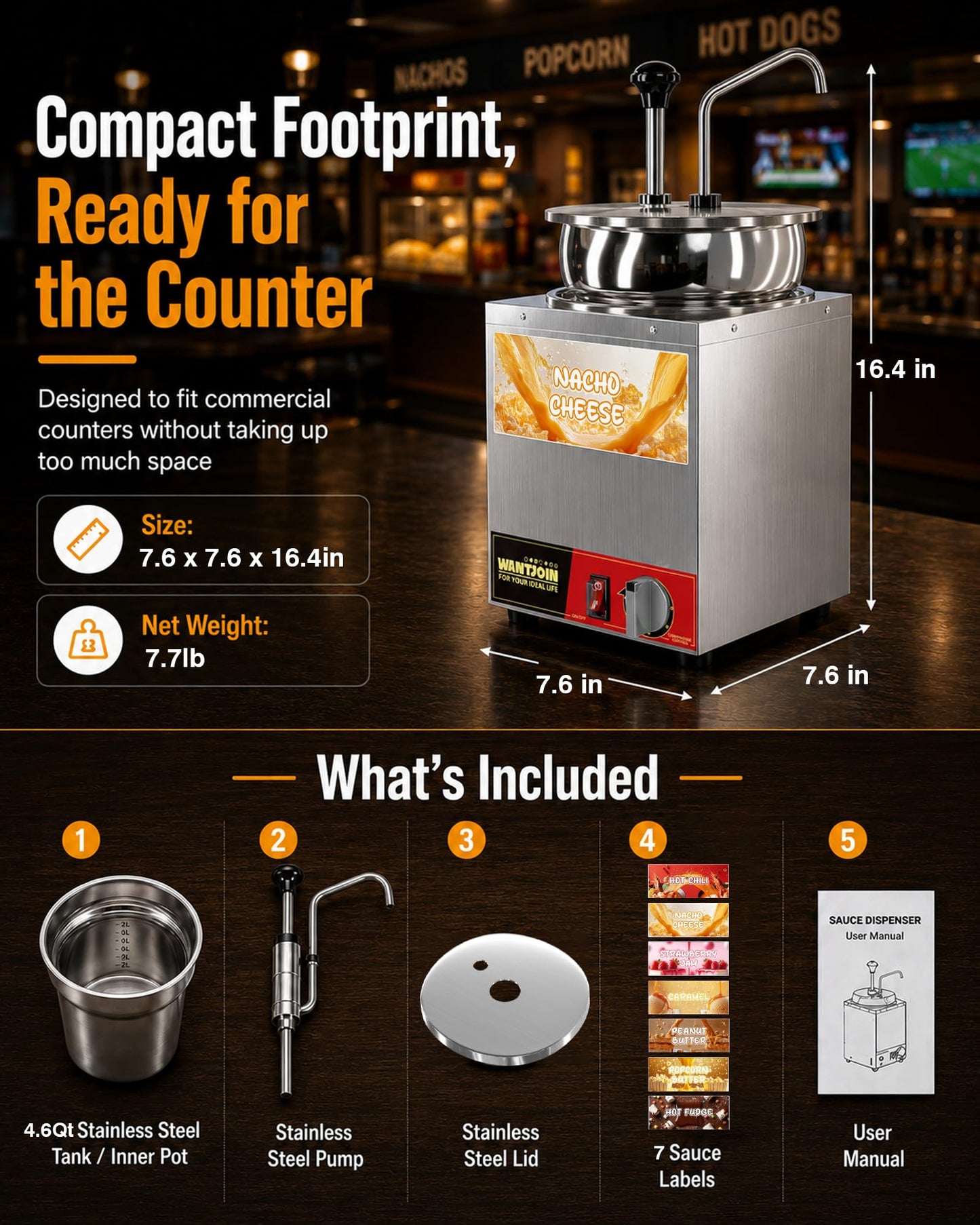 WantJoin Nacho Cheese Dispenser with Pump - 4.6QT Commercial Stainless Steel Warmer with 86-185°F Temperature Control for Hot Fudge, Caramel & Sauces