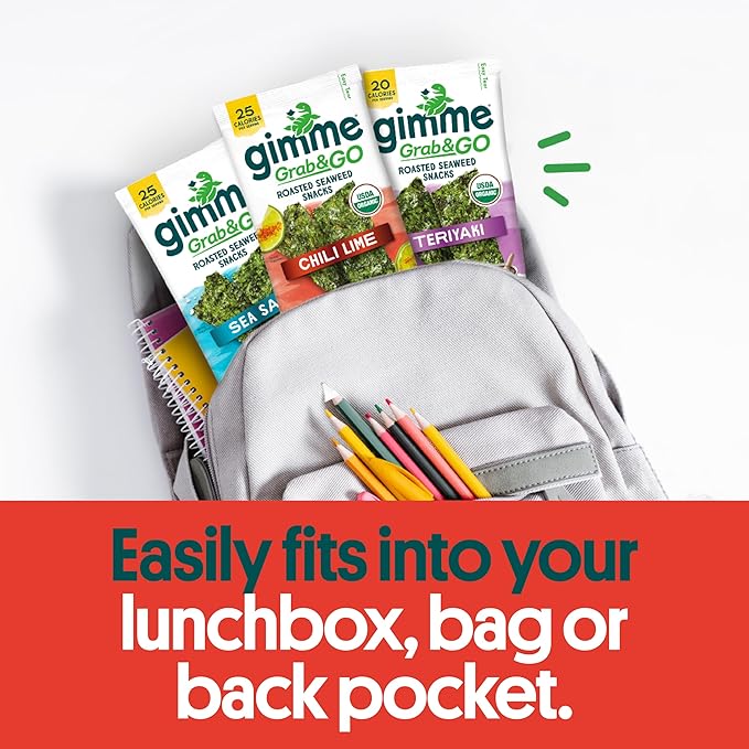 Gimme Seaweed Grab & Go Organic Premium Roasted Seaweed Snacks, Chili Lime, 5 Count Trayless, Keto, Vegan, Gluten-Free, Source of Omega3s, Healthy On-The-Go Snack for Kids & Adults