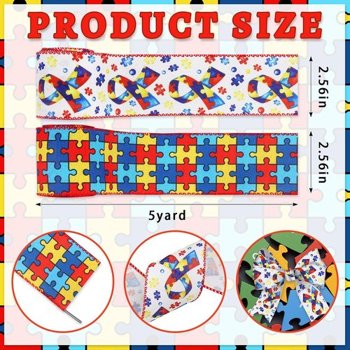Autism Awareness Wired Ribbon - 2 Rolls of 10 Yards | 2.5 Inch Puzzle Piece Design for DIY Crafts & Decorations