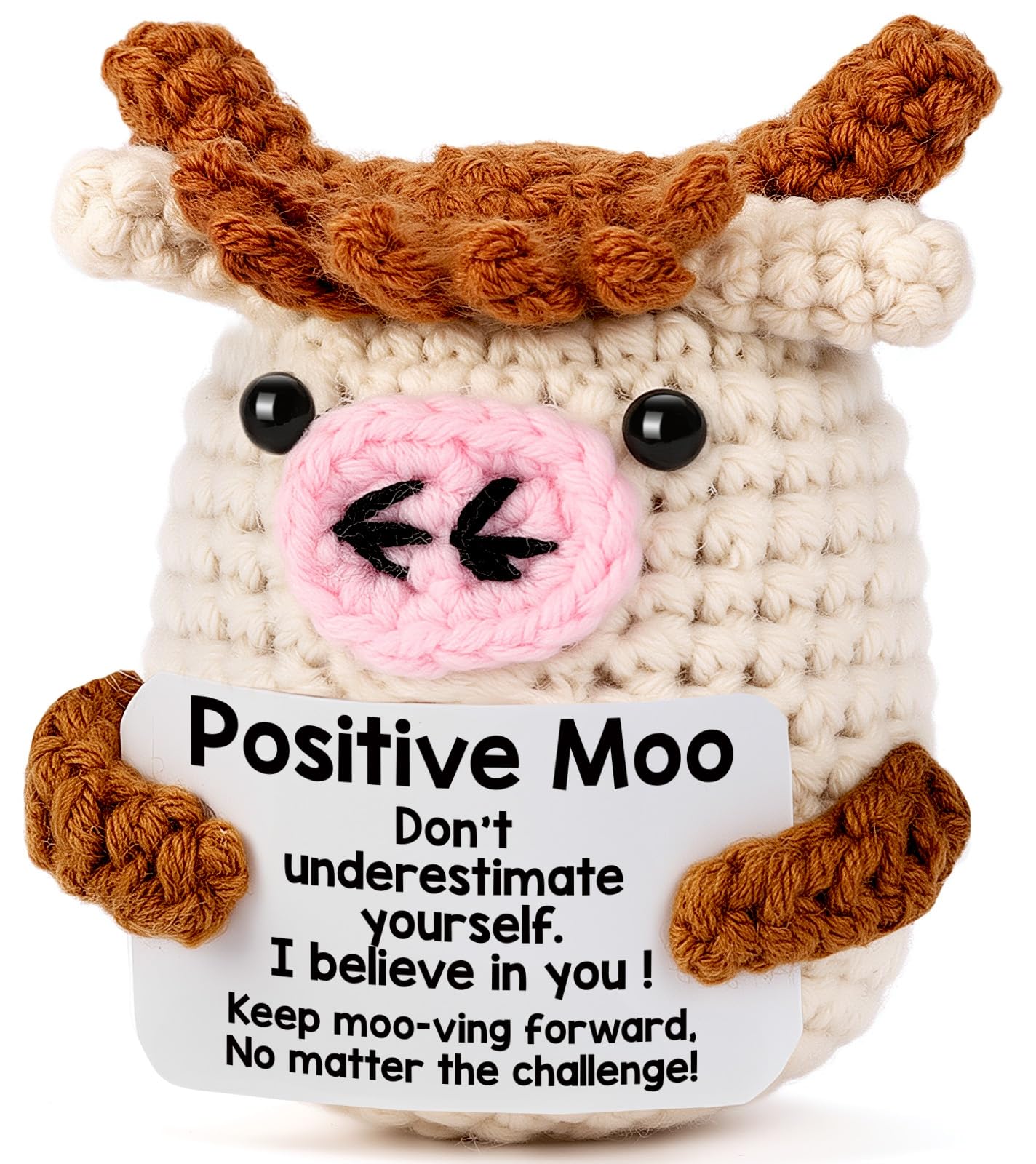 YUEYUQIU Positive Moo Easter Basket Essentials Stuffers for Teens Boy Girl Daughter Son, Easter Gifts for Kids Teenage - Handmade Crochet Cow Emotional Cheer Up Support Birthday Gift for Women Men