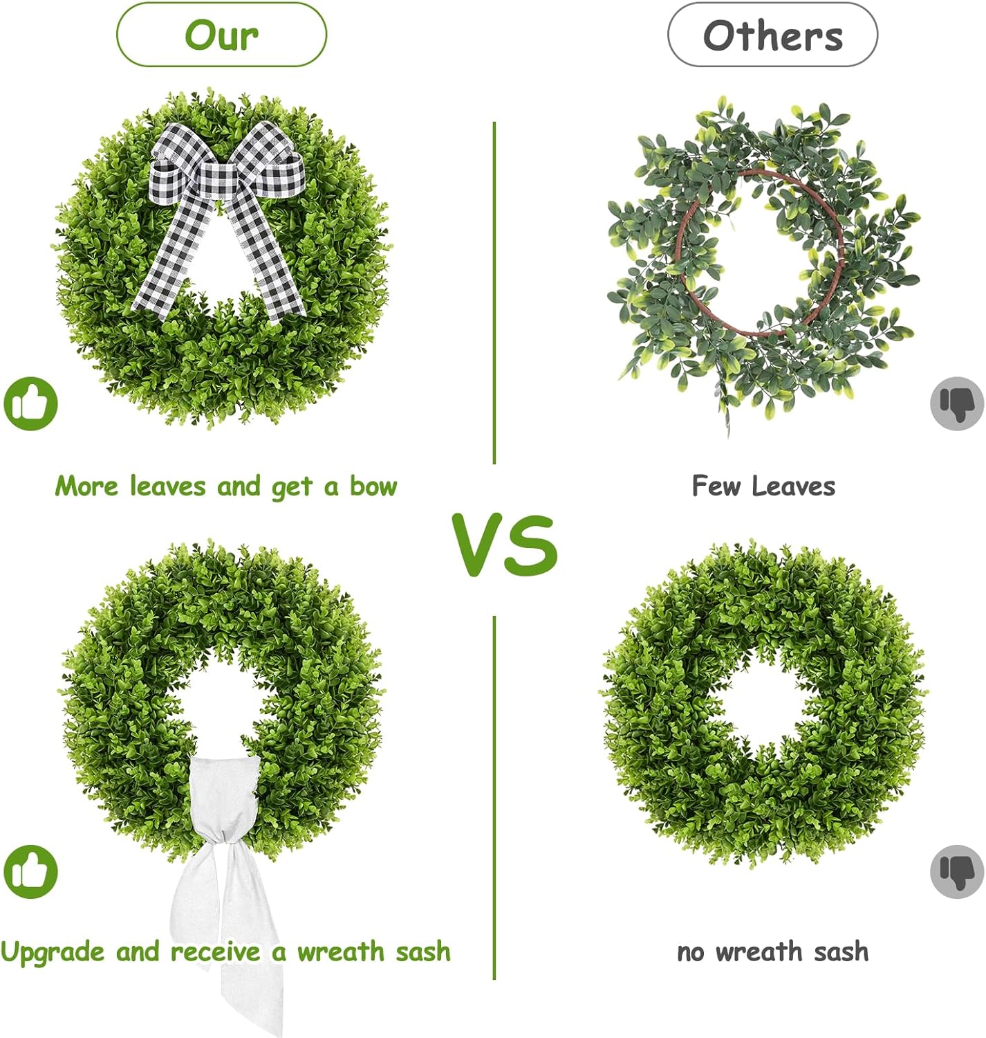 Vlorart 20" Faux Round Boxwood Wreath - Large Artificial Greenery with Plaid Bow for Door & Wedding Decor
