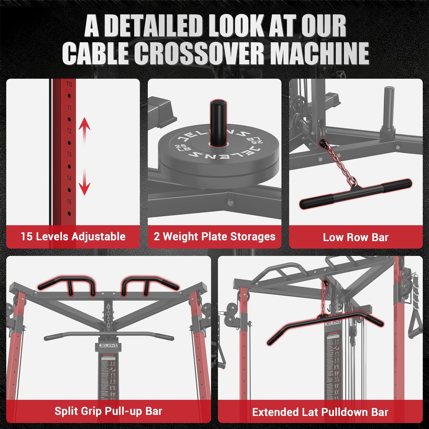 JELENS CC01 Fitness Cable Crossover Machine with High and Low Pulley System, Functional Trainer with with Pull Up Bars and Optional Bundle (Red, CC01 Cable Crossover Machine)
