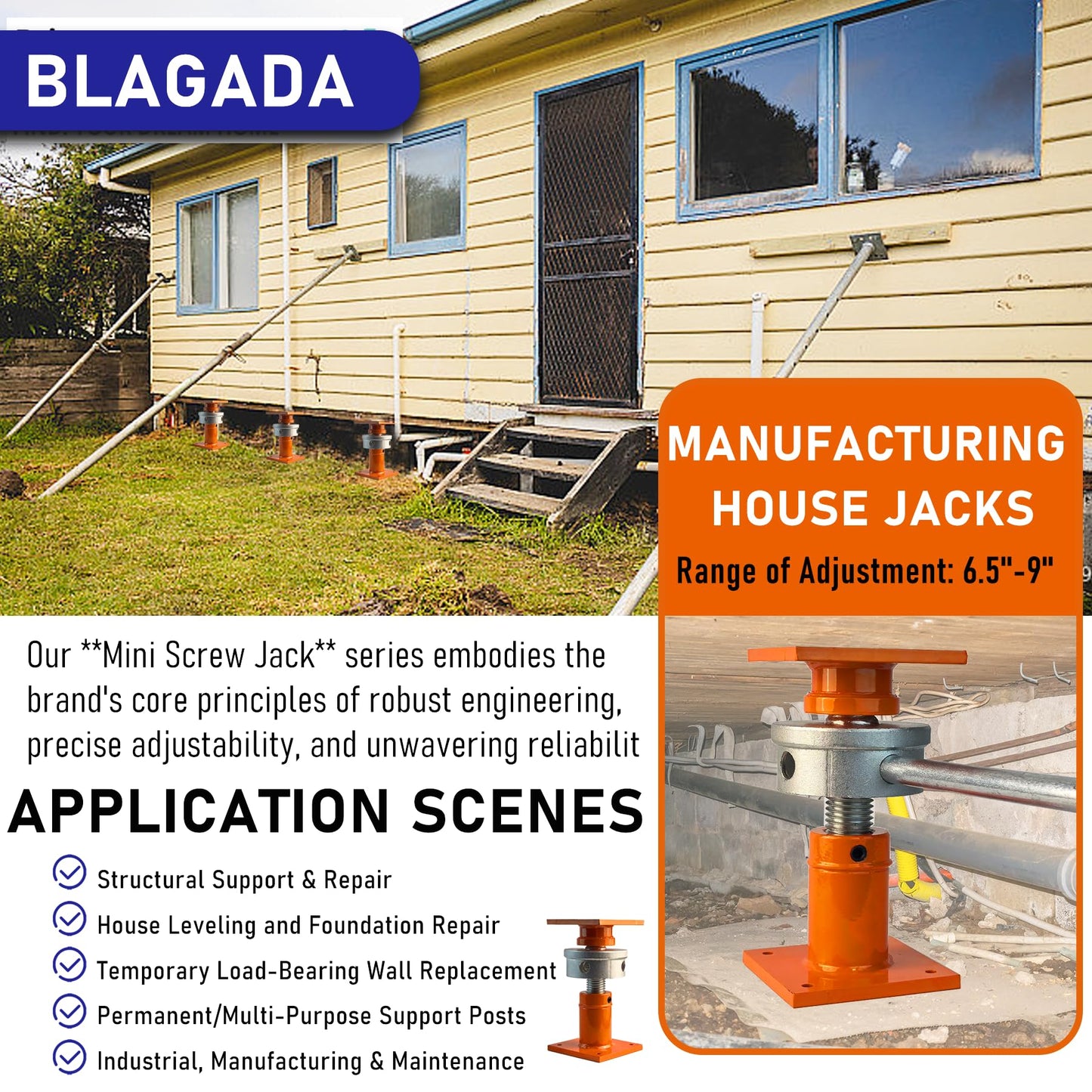 Heavy-Duty Screw Jack Post, 6.5" to 9" Adjustable Steel Shore House Jacks, 4" x 4" Basement Floor Jacks for Leveling, House Lifting & Structural Support