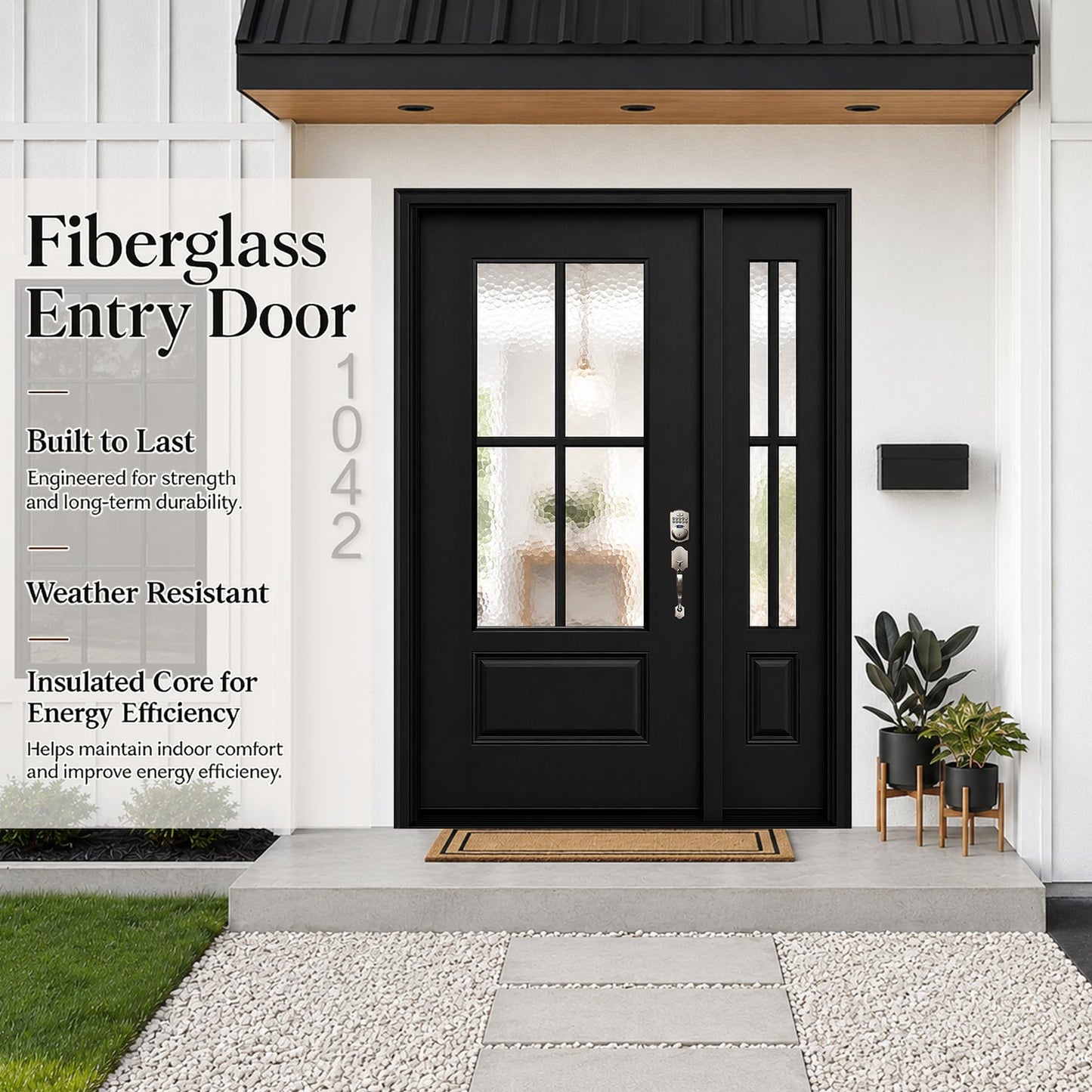 53x80in Fiberglass Front Door with 14in Sidelight, Black Exterior Entry Door for Home, Left-Hand Inswing, Textured Finished with Hammered Glass Knock-Down Door, Vinyl Frame and Brickmould Included