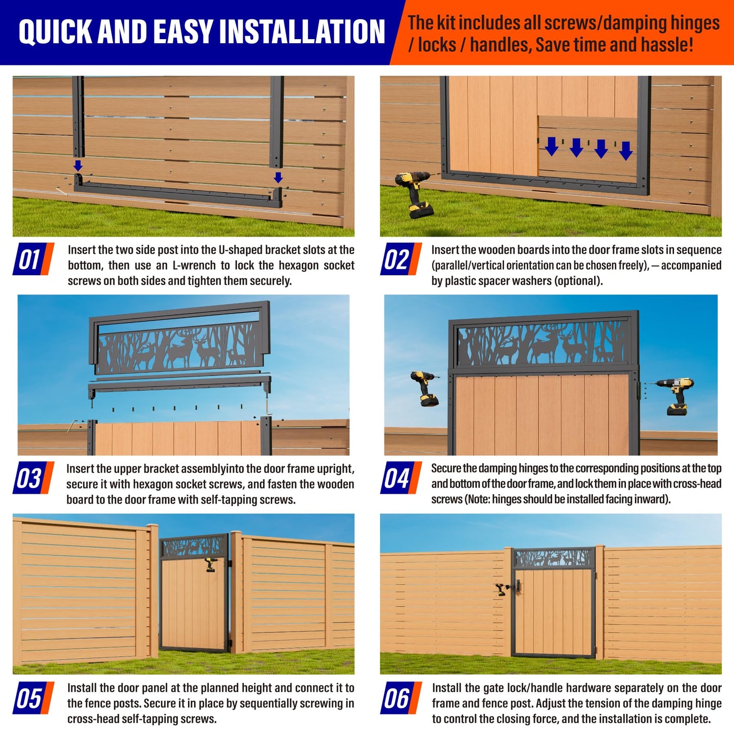 Prinfort 4x6FT (46.78"W X 70.8"H) 201 Stainless Steel Anti Sag Wooden Fence Gate Kit Heavy Duty Garden Gate Frame Hardware Kit Reinforcement (Left/Right Free-Installation)
