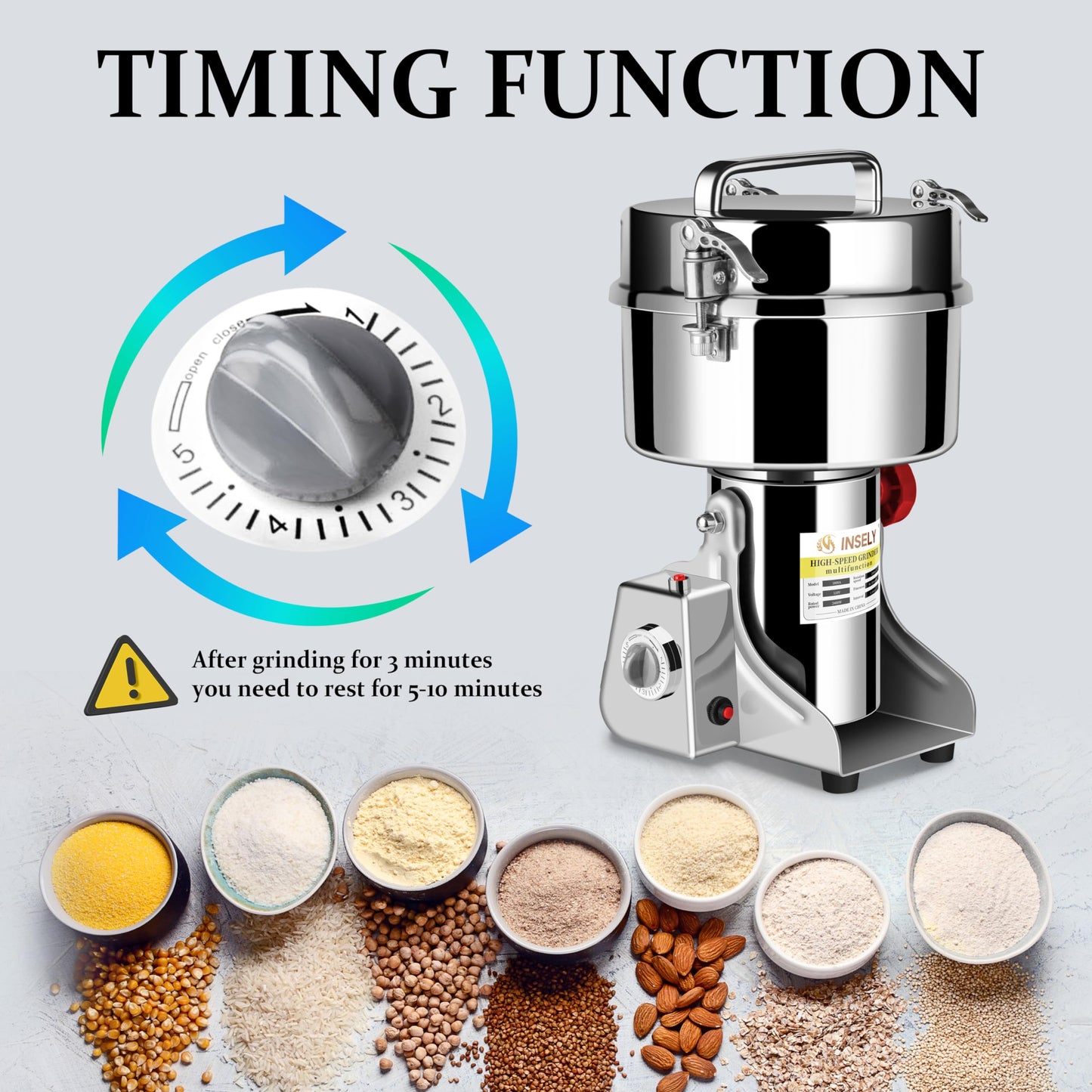 INSELY Grain Mill Grinder 2000g High Speed Food Grain Mill Stainless Steel Seeds Flour Nut Pill Wheat Corn Herbs Spices & Seasonings Dry Grinder Electric Machine Grinder for Kitchen