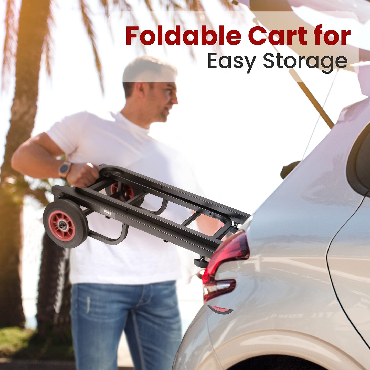 Pyle Compact Folding Adjustable Equipment Dolly - Heavy Duty Multi‑Function Convertible Cart Hand Truck/Platform Cart with Wheels - Expandable Up to 25.24" to 40.24" - 200LBS MAX Load Capacity