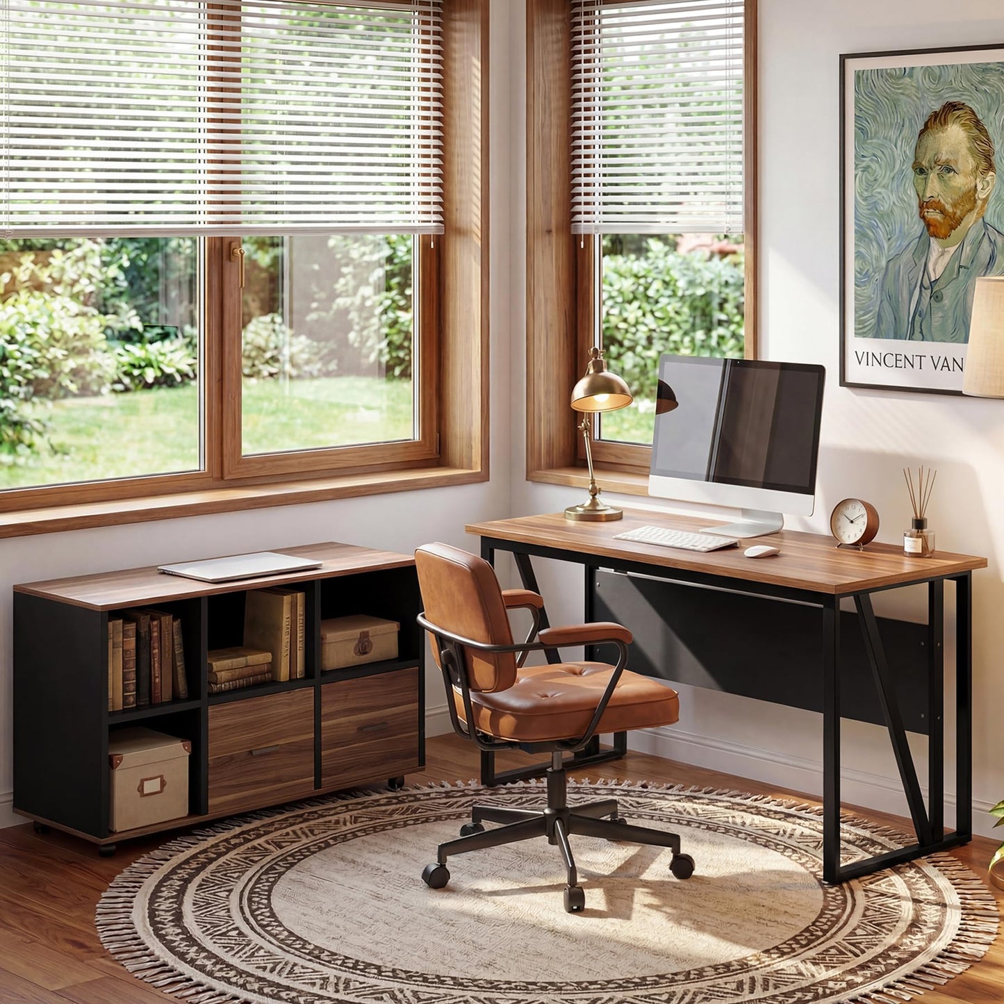 Tribesigns 55-Inch Executive Desk with 43" Mobile File Cabinet, L-Shaped Computer Desk with Drawers & Shelves, Large Industrial Home Office Desk Set with Storage, Brown & Black
